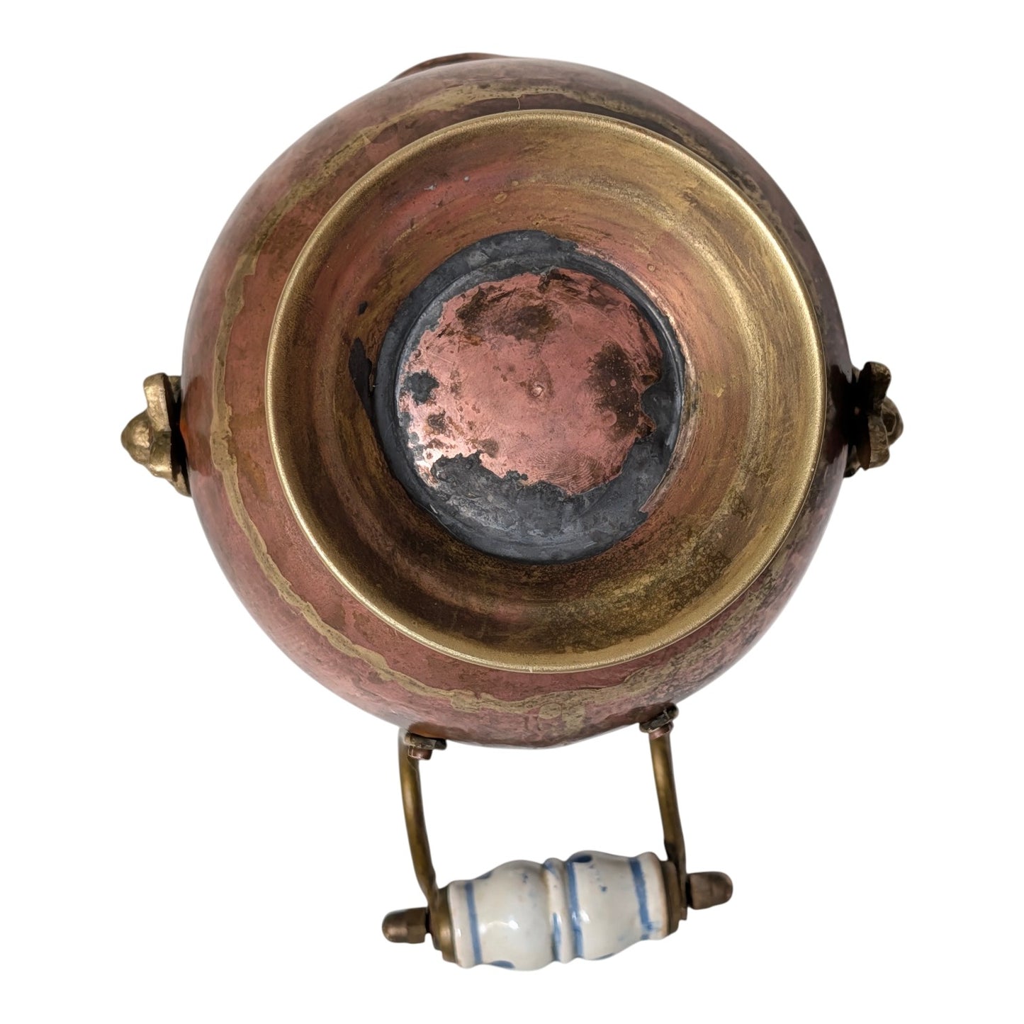 Antique Victorian Copper & Brass Coal Scuttle with Delft Ceramic Handle, Lion Head Mounts, Ornate Fireplace Mantle Decor