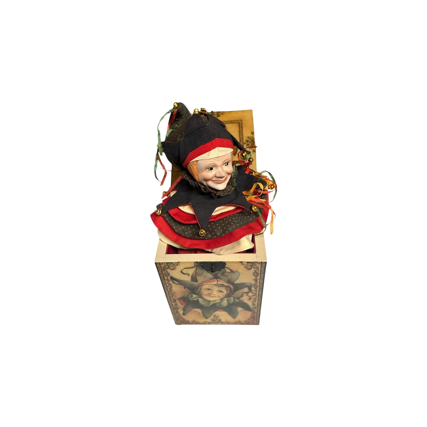 Limited Edition Faith Wick JESTER Jack-in-the-Box Music Box, Reuge Swiss Movement, Vintage Porcelain Doll Collectible