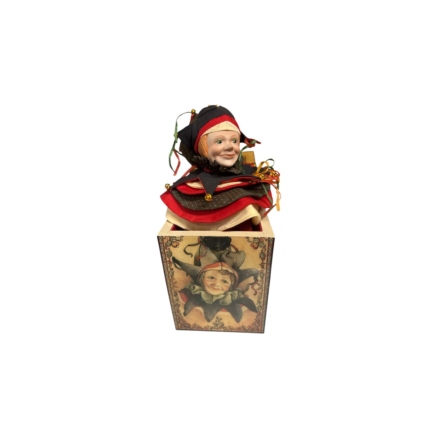 Limited Edition Faith Wick JESTER Jack-in-the-Box Music Box, Reuge Swiss Movement, Vintage Porcelain Doll Collectible
