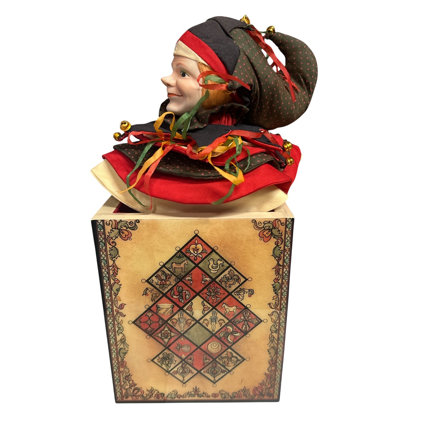 Limited Edition Faith Wick JESTER Jack-in-the-Box Music Box, Reuge Swiss Movement, Vintage Porcelain Doll Collectible