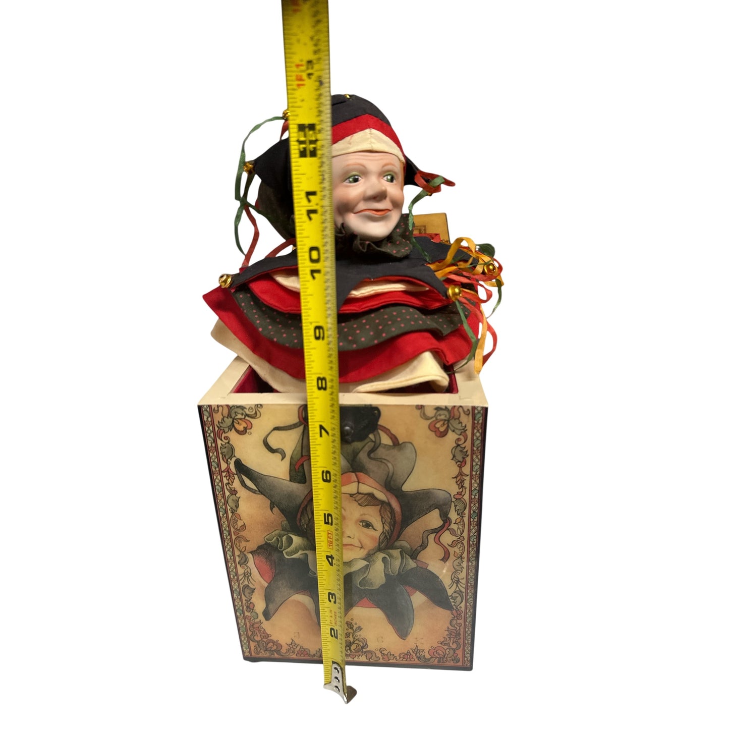 Limited Edition Faith Wick JESTER Jack-in-the-Box Music Box, Reuge Swiss Movement, Vintage Porcelain Doll Collectible