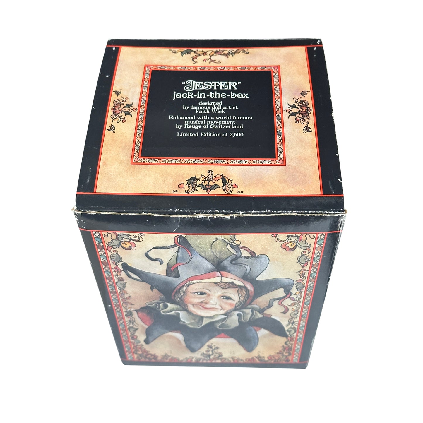 Limited Edition Faith Wick JESTER Jack-in-the-Box Music Box, Reuge Swiss Movement, Vintage Porcelain Doll Collectible