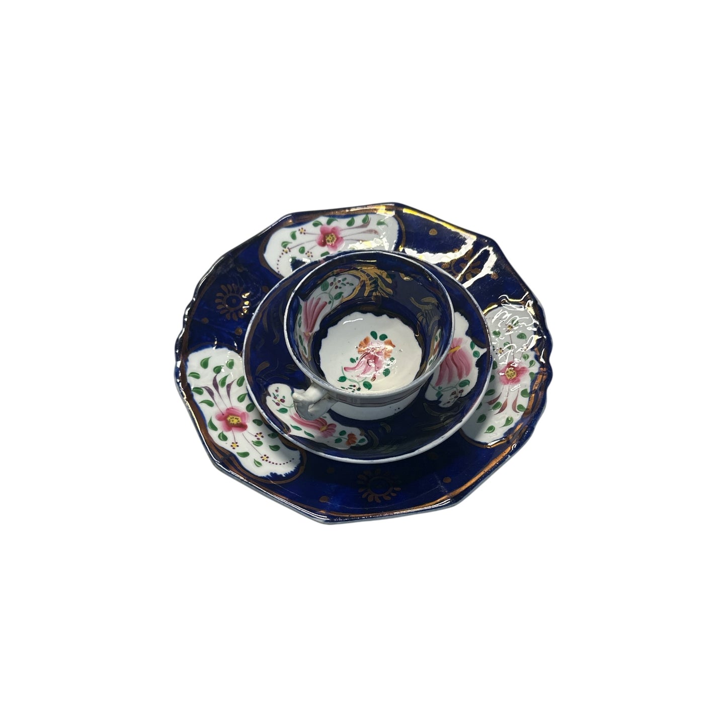 Antique English Gaudy Welsh Porcelain Trio c.1830 Hand Painted Cobalt Blue & Floral Staffordshire Teacup Saucer & Plate Set