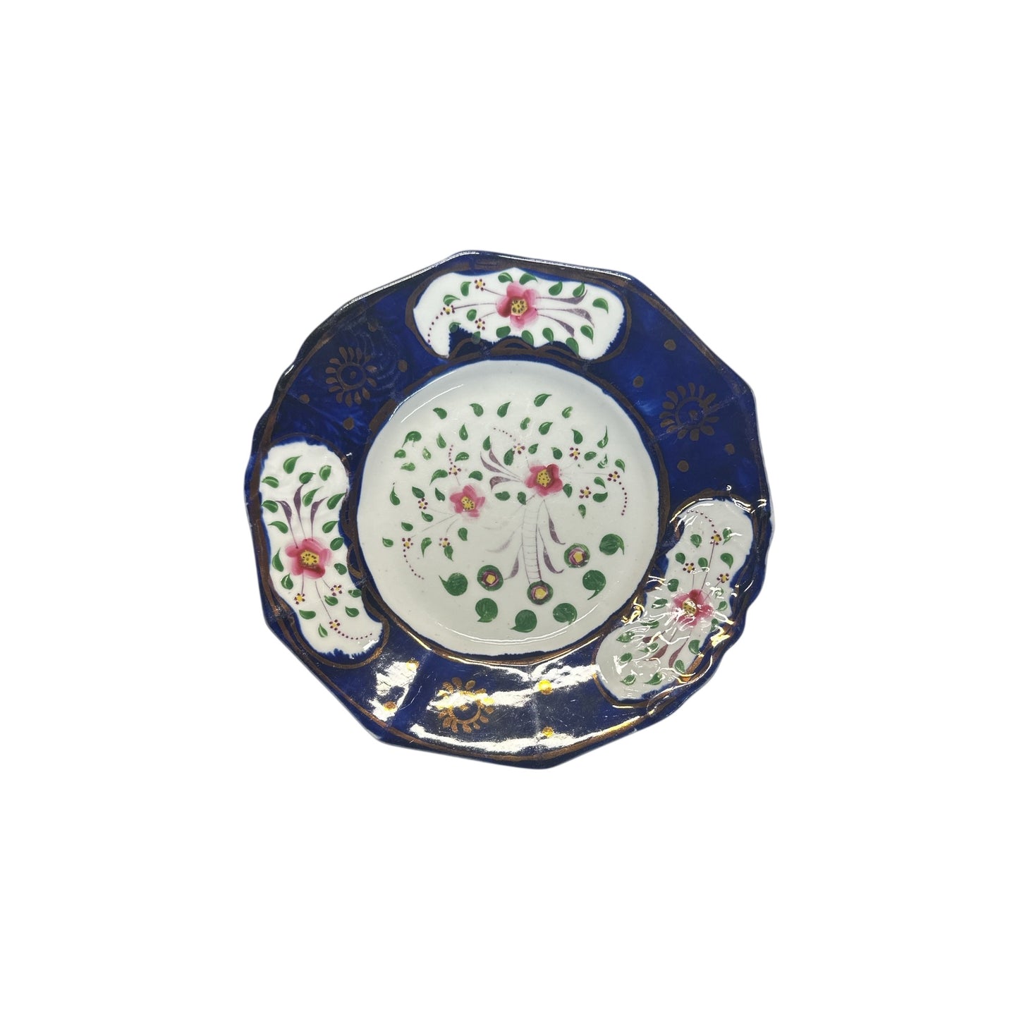 Antique English Gaudy Welsh Porcelain Trio c.1830 Hand Painted Cobalt Blue & Floral Staffordshire Teacup Saucer & Plate Set