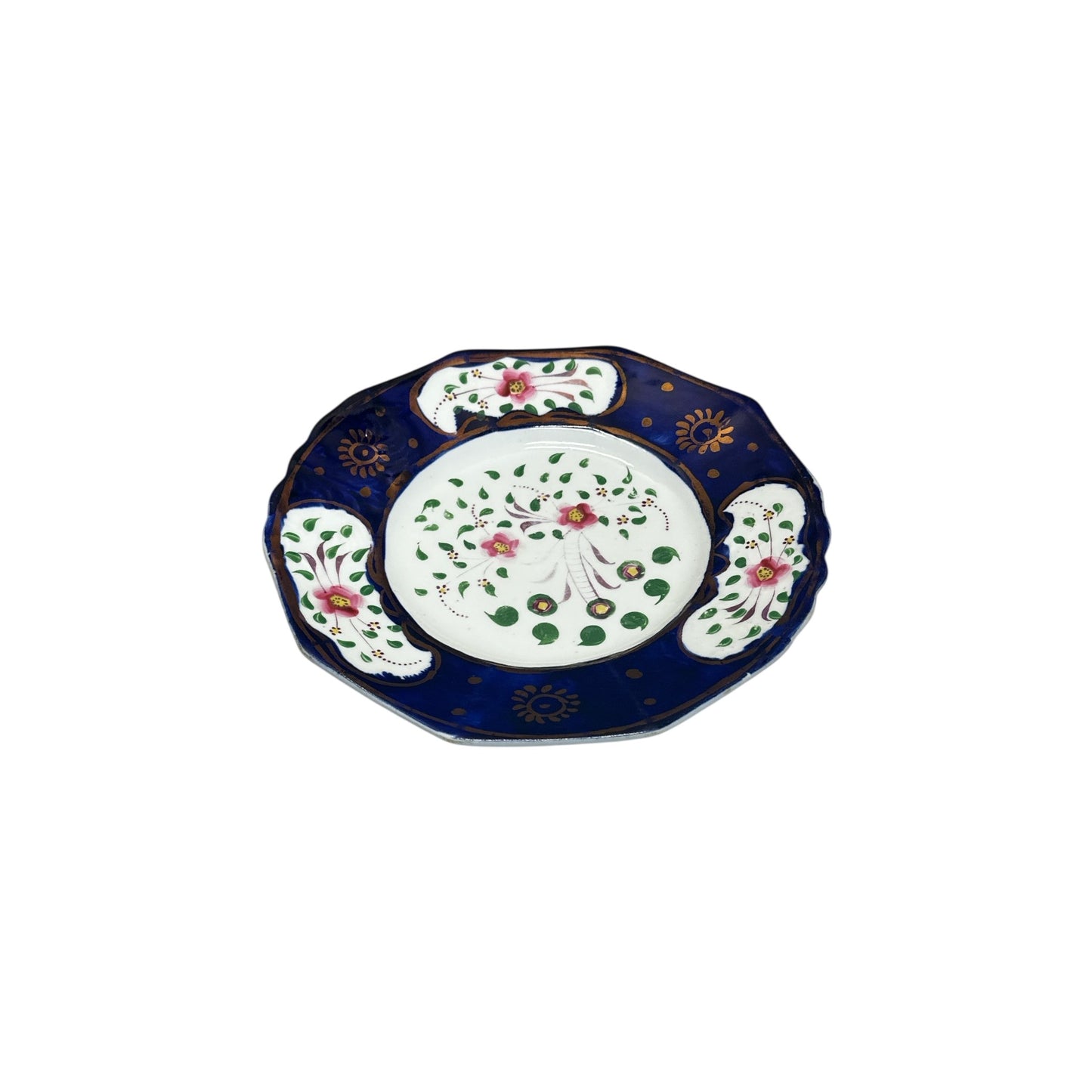 Antique English Gaudy Welsh Porcelain Trio c.1830 Hand Painted Cobalt Blue & Floral Staffordshire Teacup Saucer & Plate Set