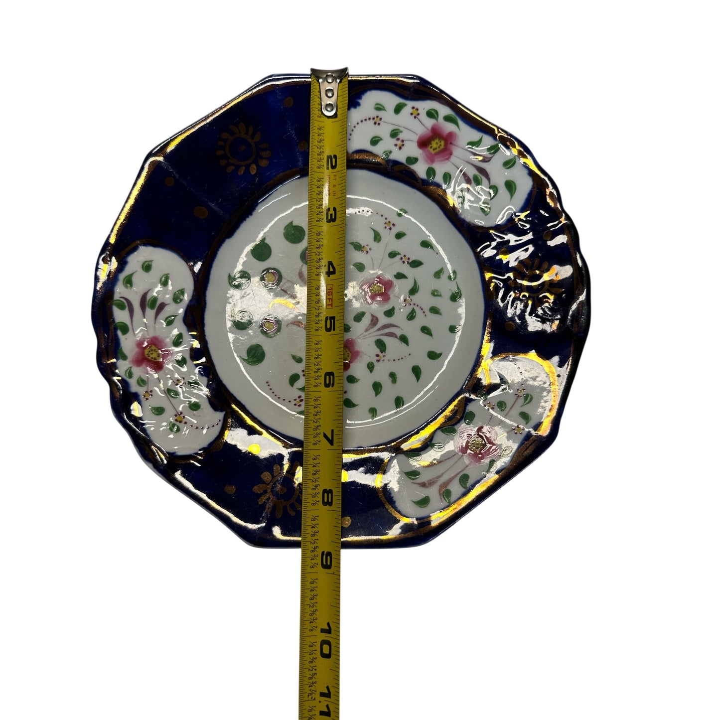 Antique English Gaudy Welsh Porcelain Trio c.1830 Hand Painted Cobalt Blue & Floral Staffordshire Teacup Saucer & Plate Set