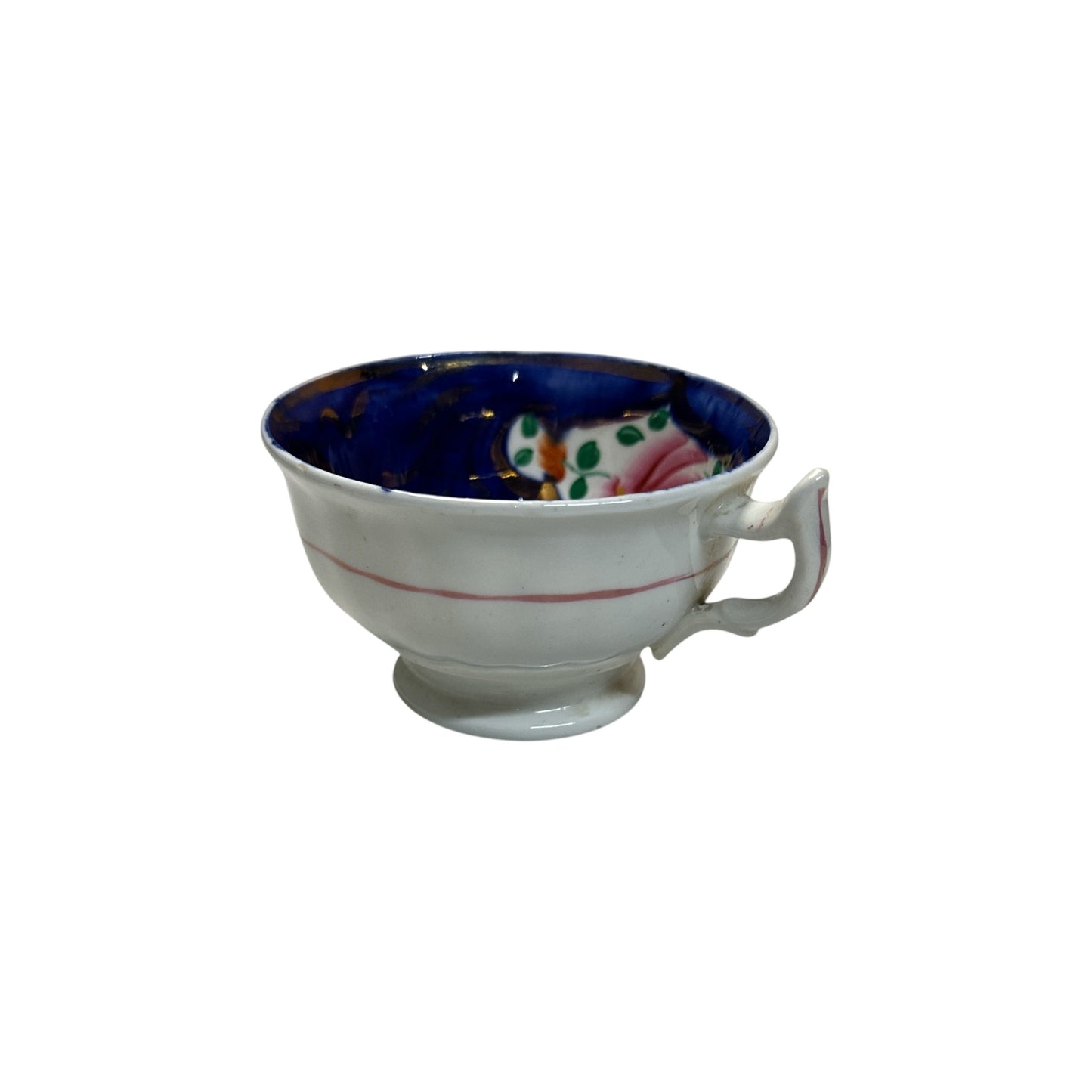 Antique English Gaudy Welsh Porcelain Trio c.1830 Hand Painted Cobalt Blue & Floral Staffordshire Teacup Saucer & Plate Set