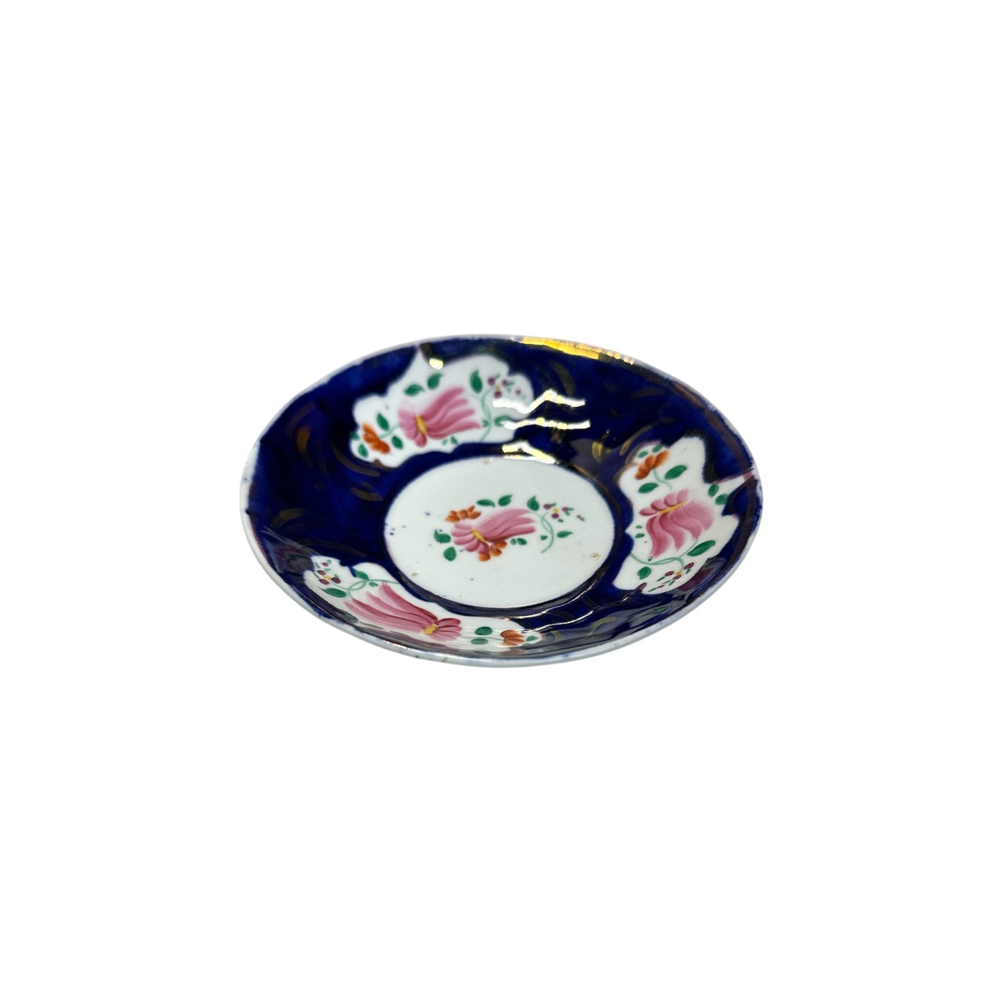 Antique English Gaudy Welsh Porcelain Trio c.1830 Hand Painted Cobalt Blue & Floral Staffordshire Teacup Saucer & Plate Set