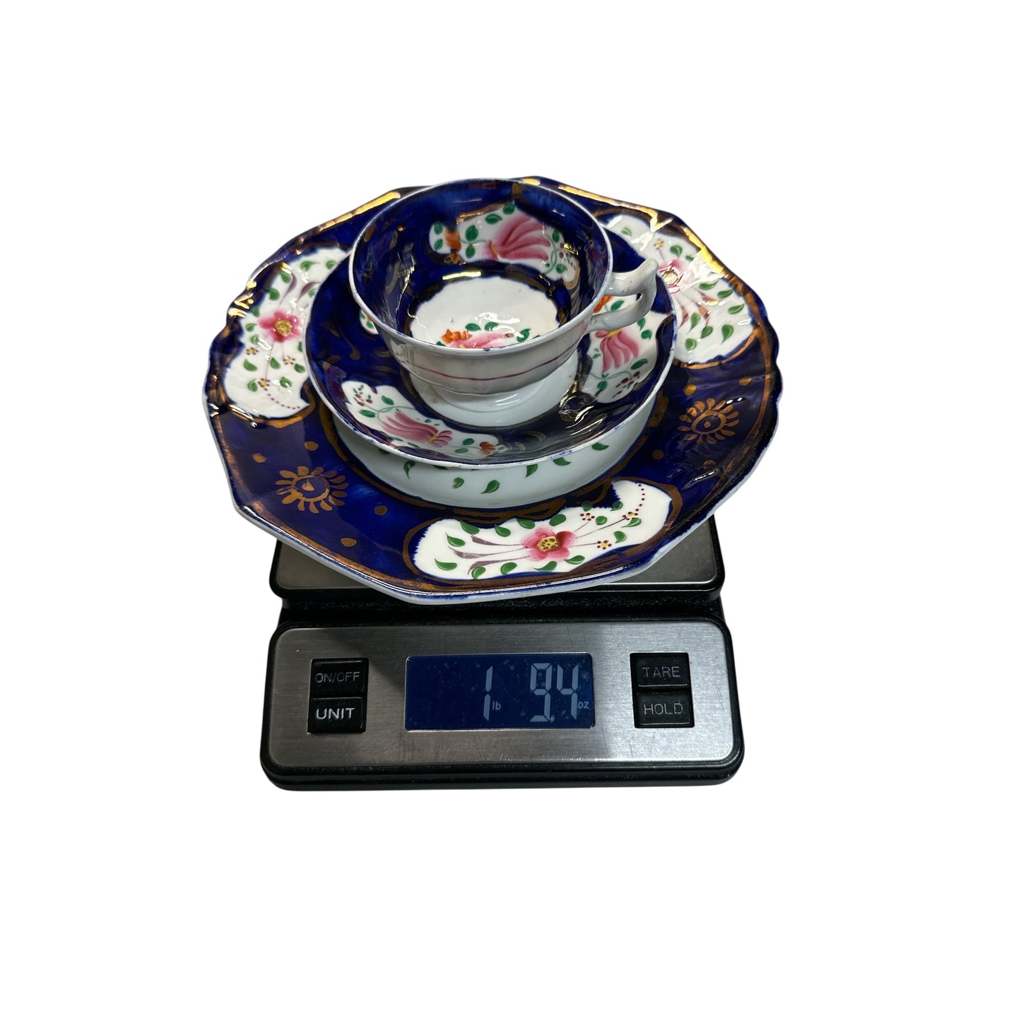 Antique English Gaudy Welsh Porcelain Trio c.1830 Hand Painted Cobalt Blue & Floral Staffordshire Teacup Saucer & Plate Set