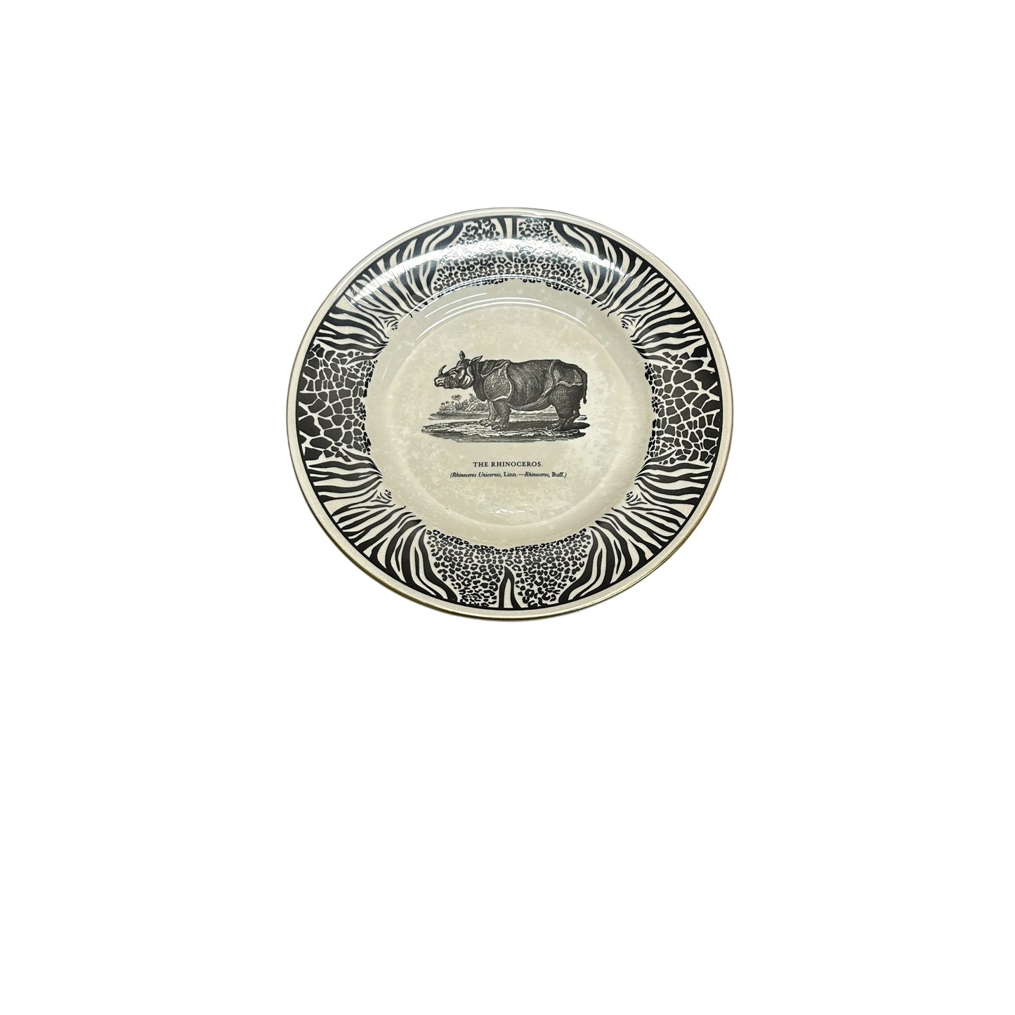 Vintage 1970s Clifford Richards PRINKNASH ABBEY 'Bewick's Beastes' Rhinoceros Plate English Pottery Maximalist Animal Print Decor