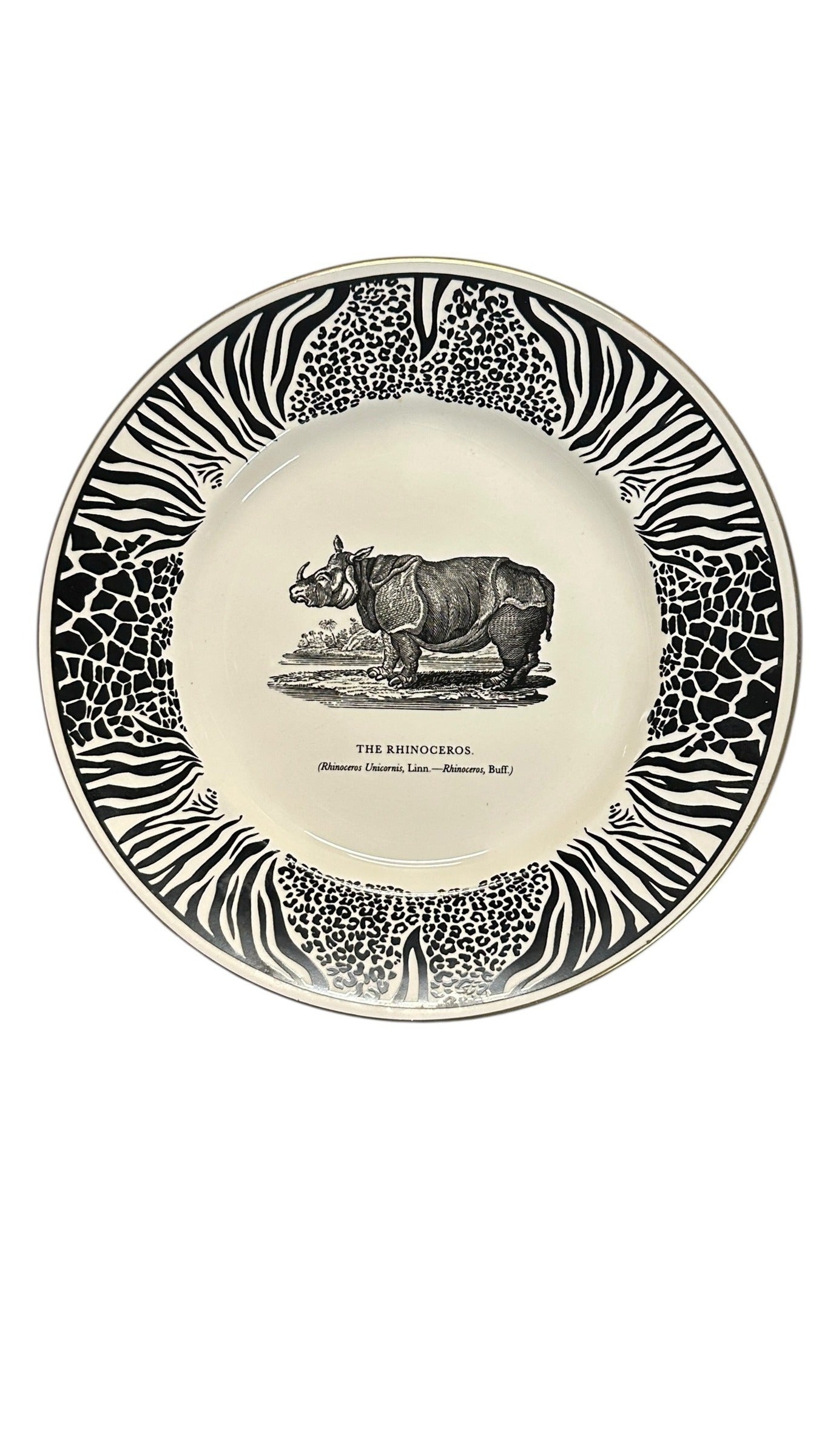 Vintage 1970s Prinknash BEWICK'S BEASTES Rhinoceros Plate by Clifford Richards Zebra Safari Border English Pottery Wall Art