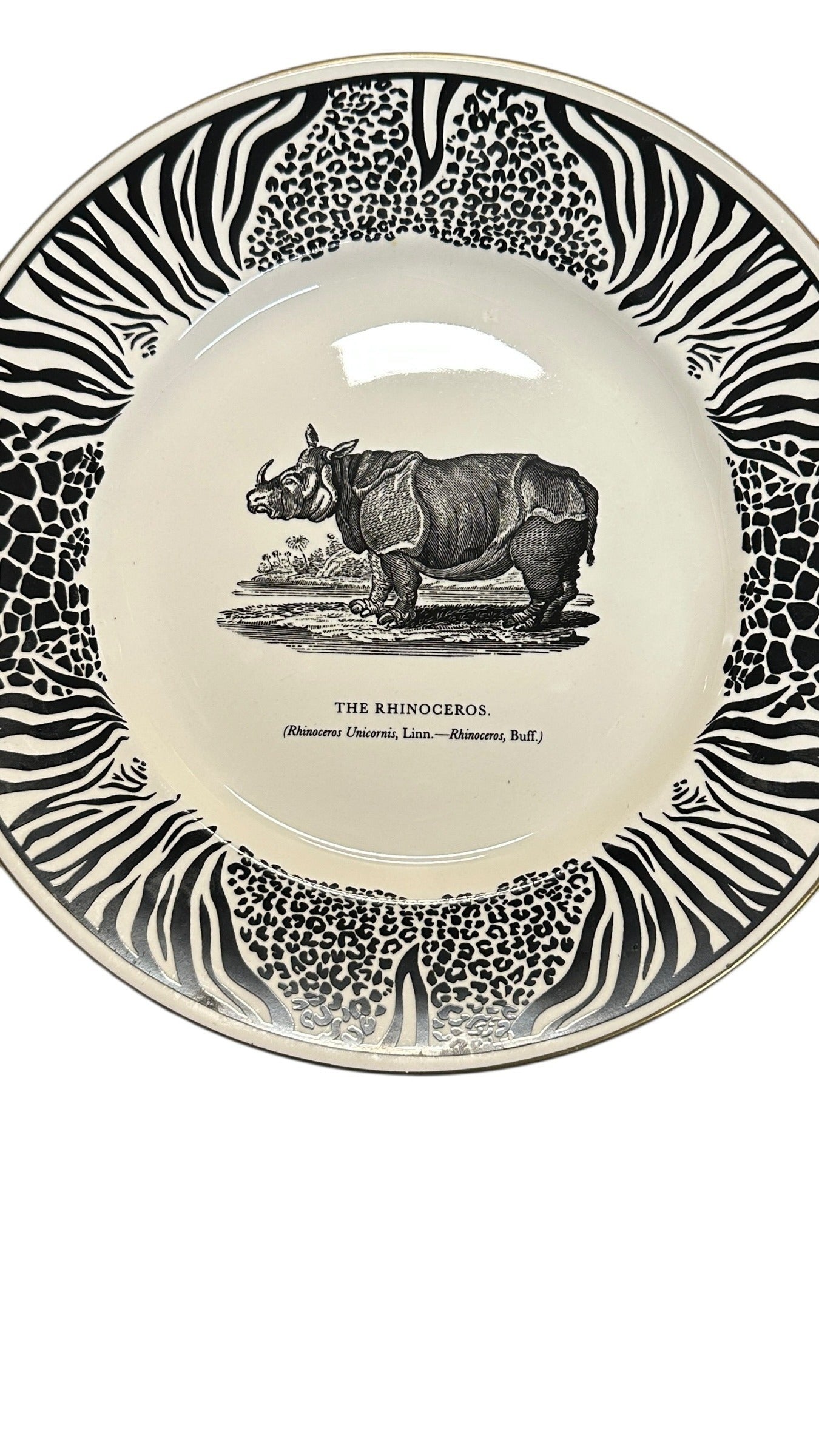 Vintage 1970s Prinknash BEWICK'S BEASTES Rhinoceros Plate by Clifford Richards Zebra Safari Border English Pottery Wall Art