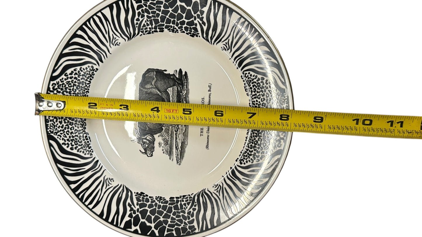 Vintage 1970s Prinknash BEWICK'S BEASTES Rhinoceros Plate by Clifford Richards Zebra Safari Border English Pottery Wall Art