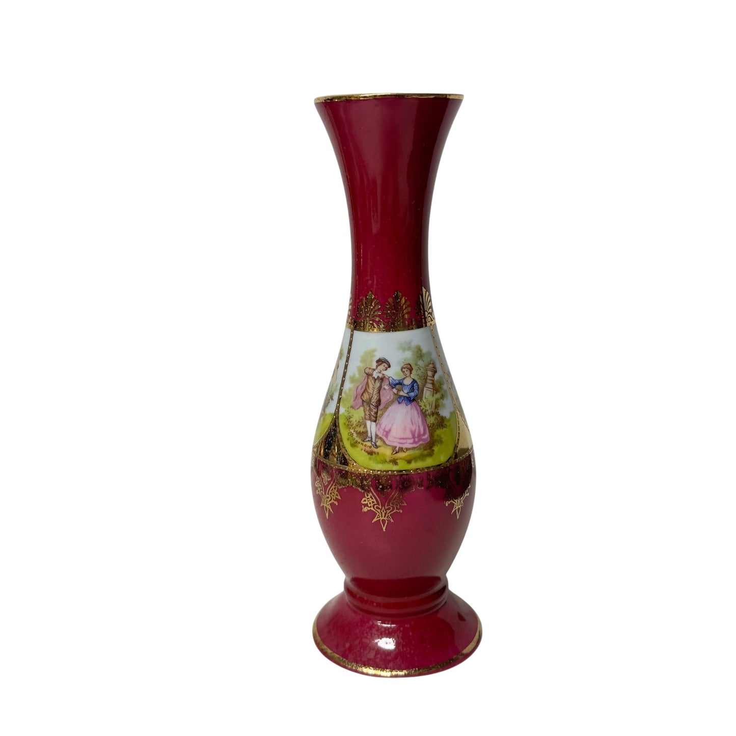Vintage Schirnding Bavaria Porcelain Vase 8.5" Burgundy & Gold Gilt Fragonard Courting Couple German Rococo Decor