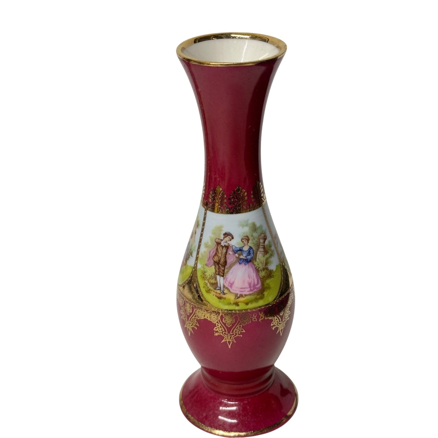 Vintage Schirnding Bavaria Porcelain Vase 8.5" Burgundy & Gold Gilt Fragonard Courting Couple German Rococo Decor