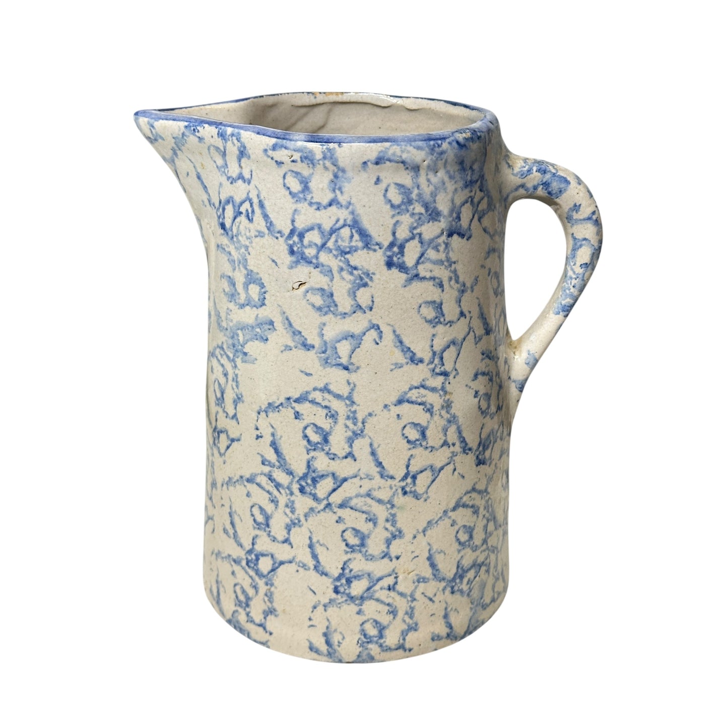 Antique American Spongeware Pitcher 19th C. Blue & White Stoneware Jug Primitive Farmhouse Decor
