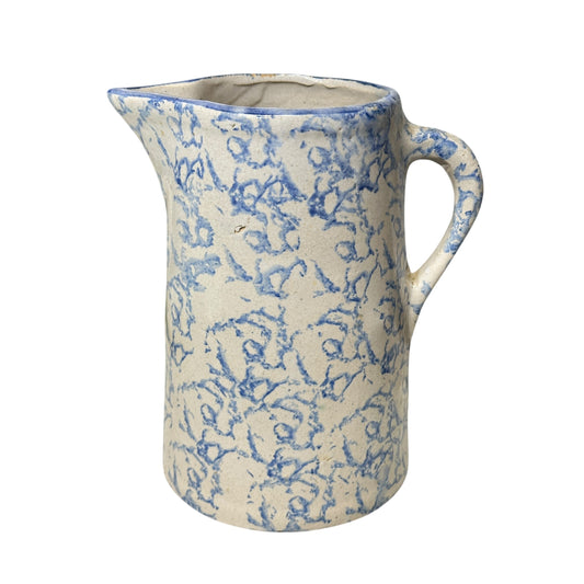 Antique American Spongeware Pitcher 19th C. Blue & White Stoneware Jug Primitive Farmhouse Decor
