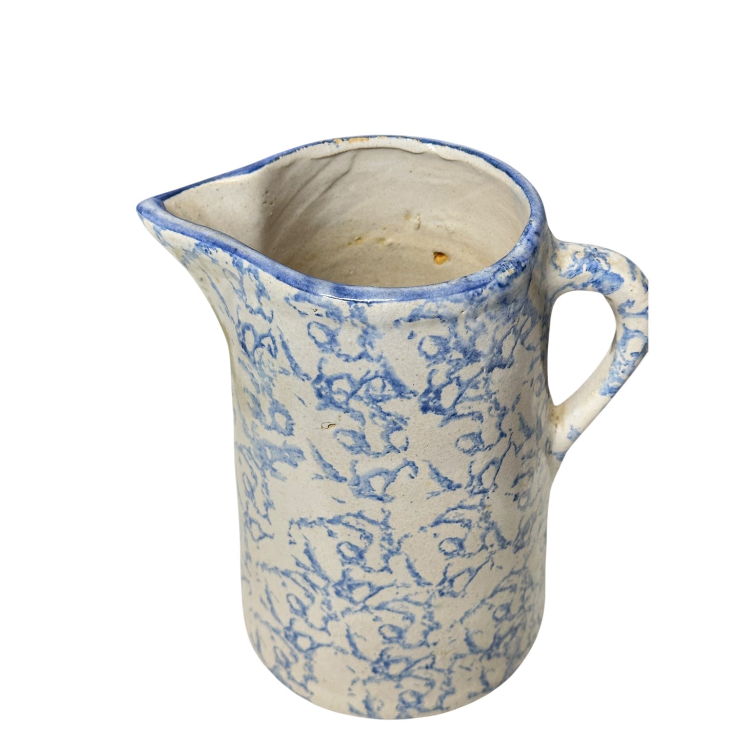 Antique American Spongeware Pitcher 19th C. Blue & White Stoneware Jug Primitive Farmhouse Decor