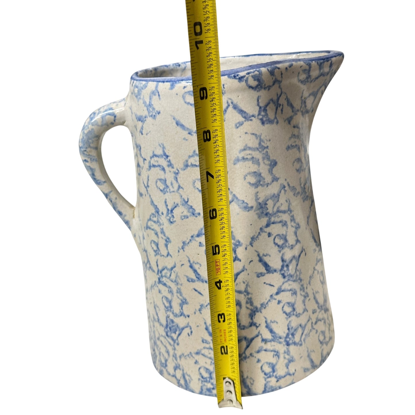 Antique American Spongeware Pitcher 19th C. Blue & White Stoneware Jug Primitive Farmhouse Decor