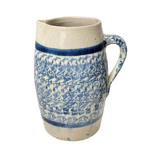 Antique Blue & White Spongeware Stoneware Pitcher, Large 19th C. Salt Glaze Pottery, Primitive Farmhouse Americana Crockery