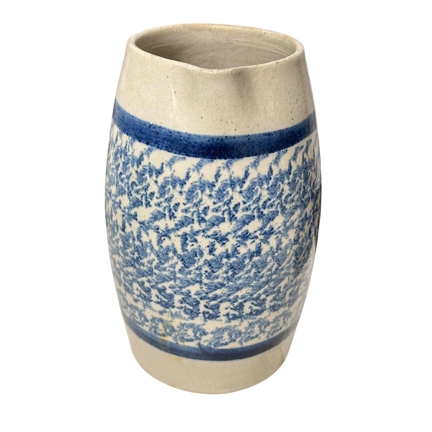 Antique Blue & White Spongeware Stoneware Pitcher, Large 19th C. Salt Glaze Pottery, Primitive Farmhouse Americana Crockery
