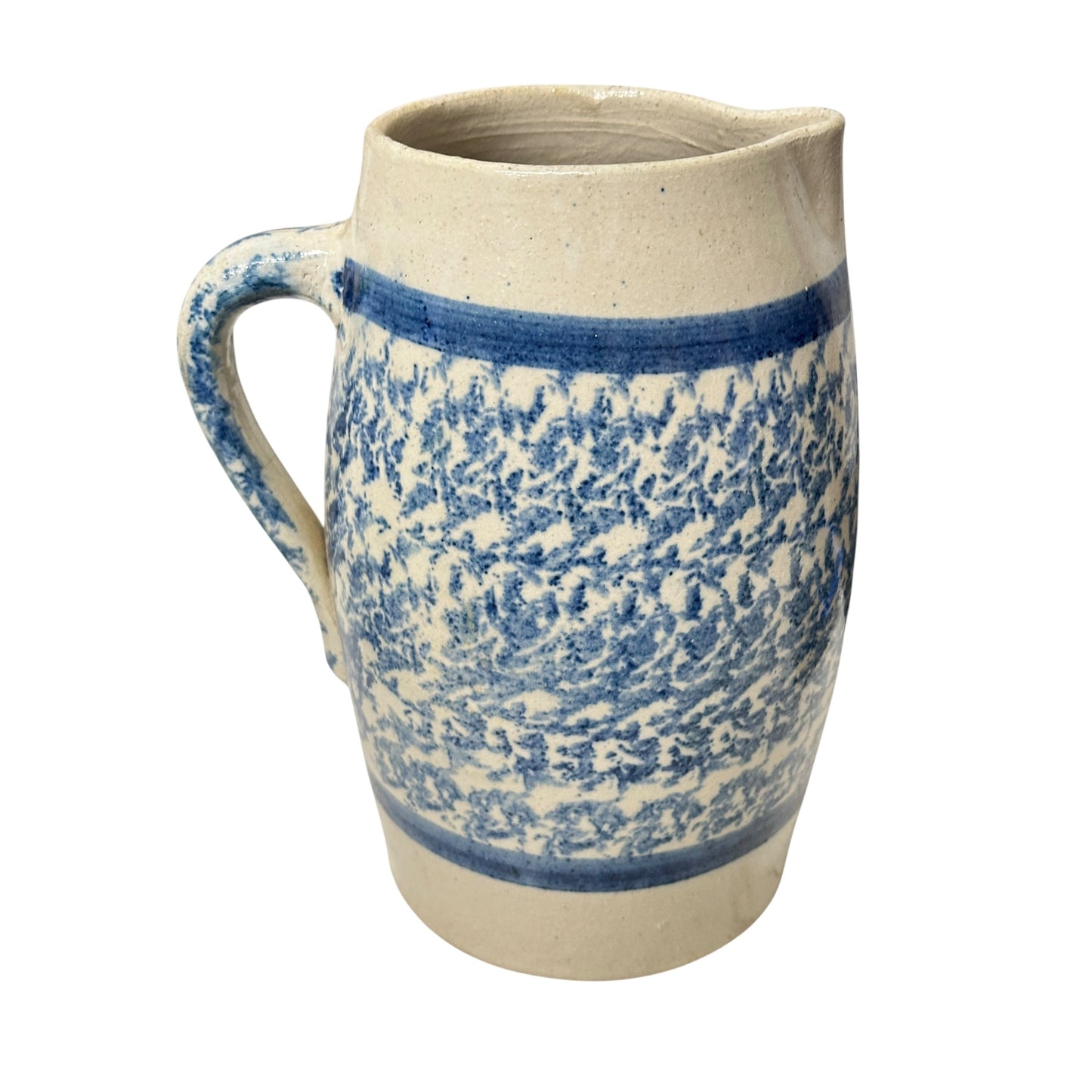 Antique Blue & White Spongeware Stoneware Pitcher, Large 19th C. Salt Glaze Pottery, Primitive Farmhouse Americana Crockery
