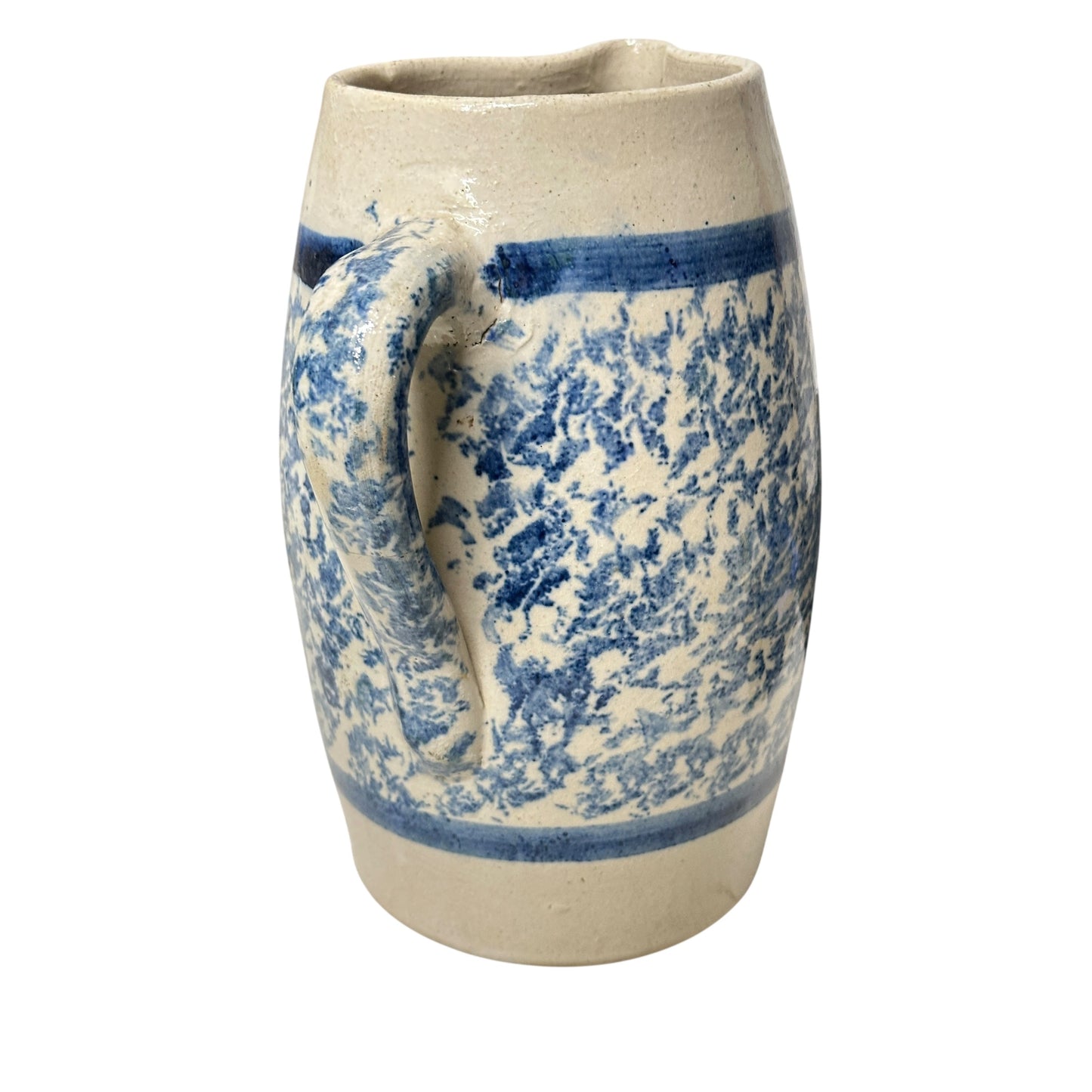 Antique Blue & White Spongeware Stoneware Pitcher, Large 19th C. Salt Glaze Pottery, Primitive Farmhouse Americana Crockery