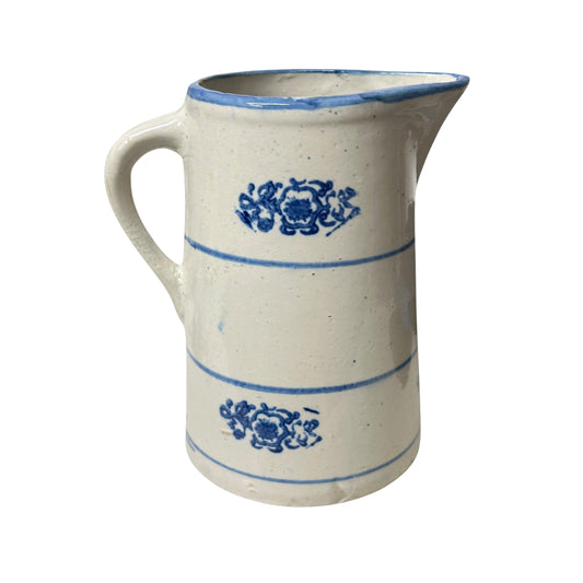 Antique 19th C. American Salt Glaze Stoneware Pitcher, Cobalt Blue Stamped Floral, Primitive Farmhouse Crockery