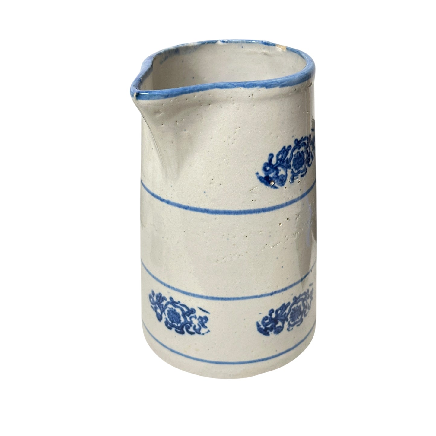 Antique 19th C. American Salt Glaze Stoneware Pitcher, Cobalt Blue Stamped Floral, Primitive Farmhouse Crockery