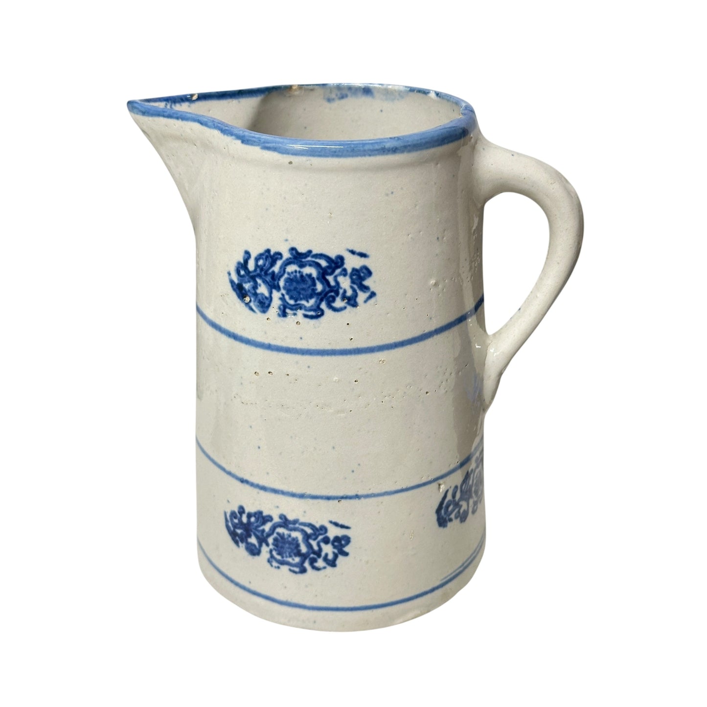 Antique 19th C. American Salt Glaze Stoneware Pitcher, Cobalt Blue Stamped Floral, Primitive Farmhouse Crockery