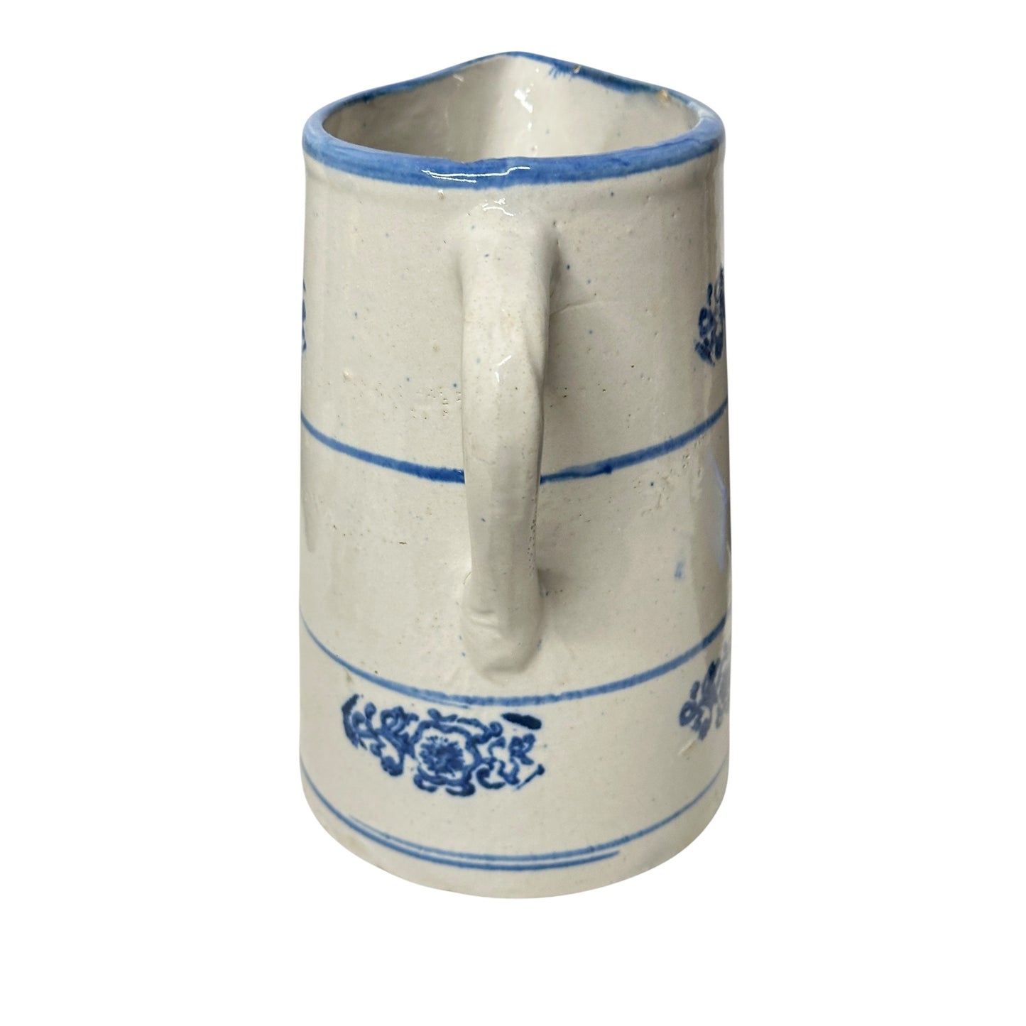Antique 19th C. American Salt Glaze Stoneware Pitcher, Cobalt Blue Stamped Floral, Primitive Farmhouse Crockery