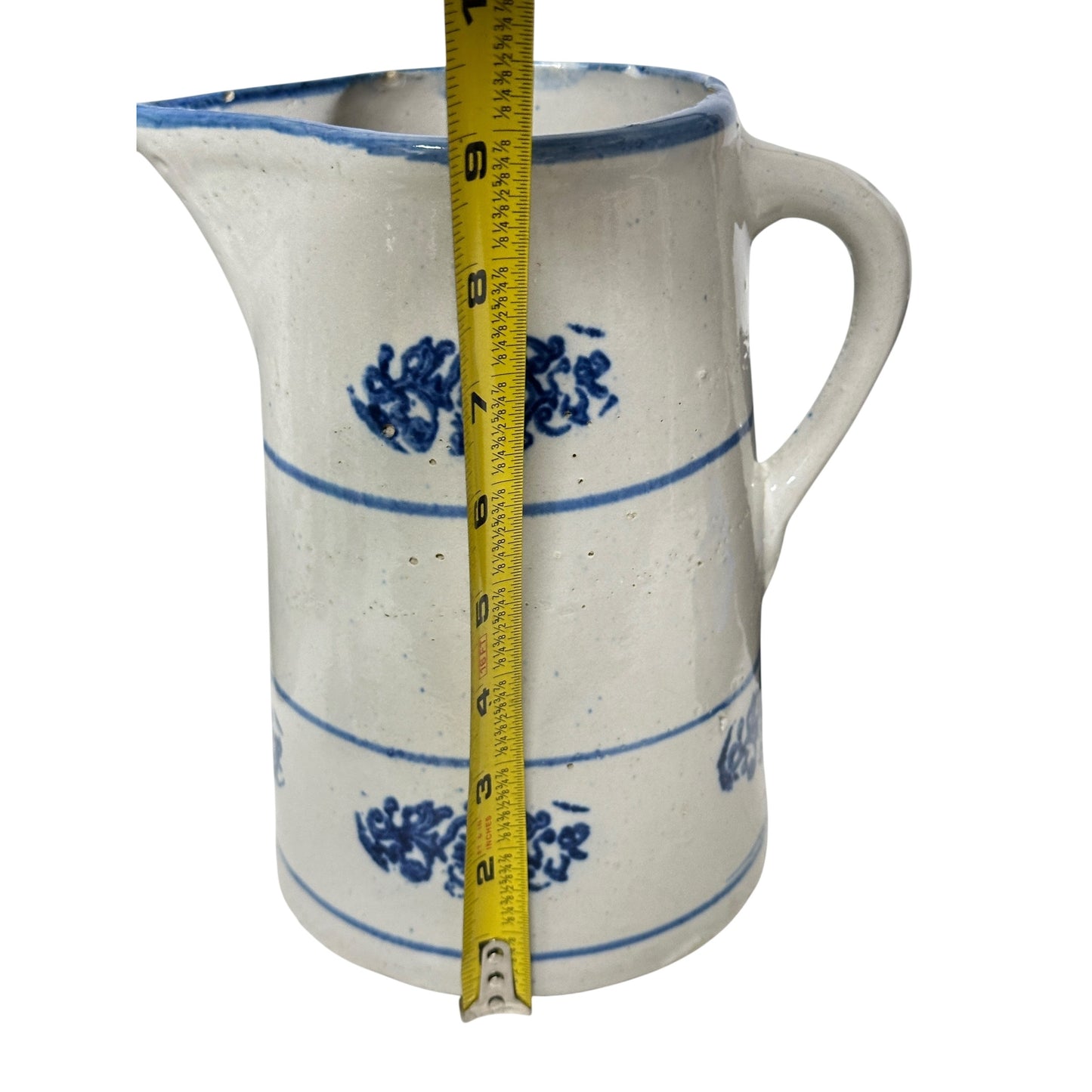 Antique 19th C. American Salt Glaze Stoneware Pitcher, Cobalt Blue Stamped Floral, Primitive Farmhouse Crockery