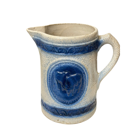 Antique 19th C. German Westerwald Stoneware Pitcher, Cobalt Blue Salt Glaze with Stag Medallion, Rustic Farmhouse Ewer