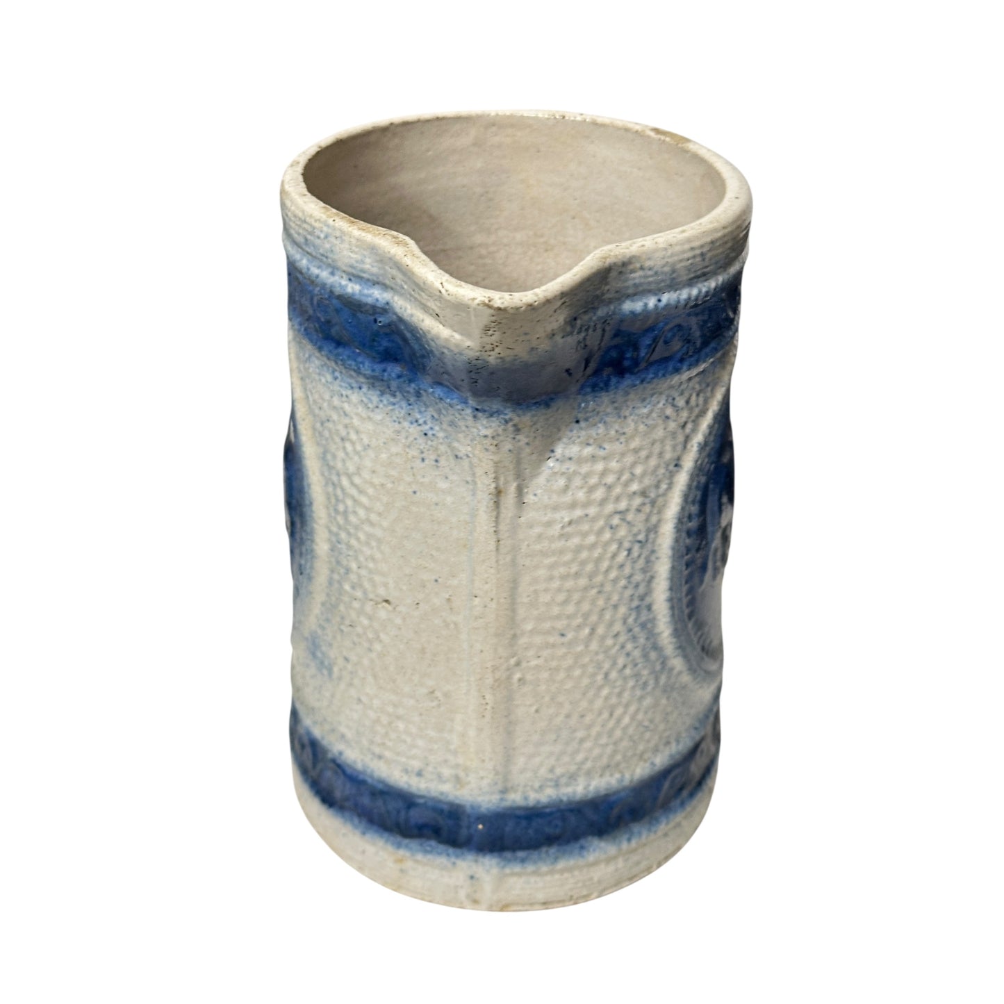 Antique 19th C. German Westerwald Stoneware Pitcher, Cobalt Blue Salt Glaze with Stag Medallion, Rustic Farmhouse Ewer