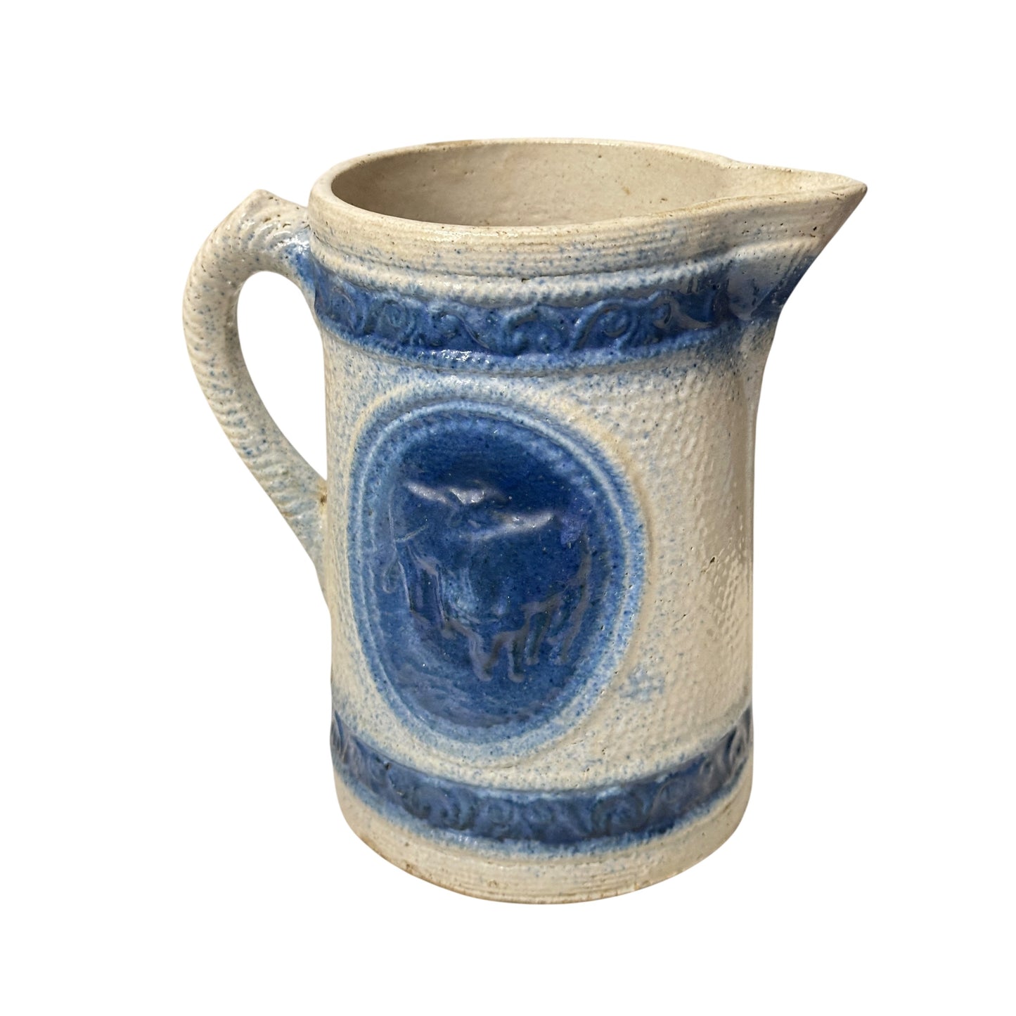 Antique 19th C. German Westerwald Stoneware Pitcher, Cobalt Blue Salt Glaze with Stag Medallion, Rustic Farmhouse Ewer