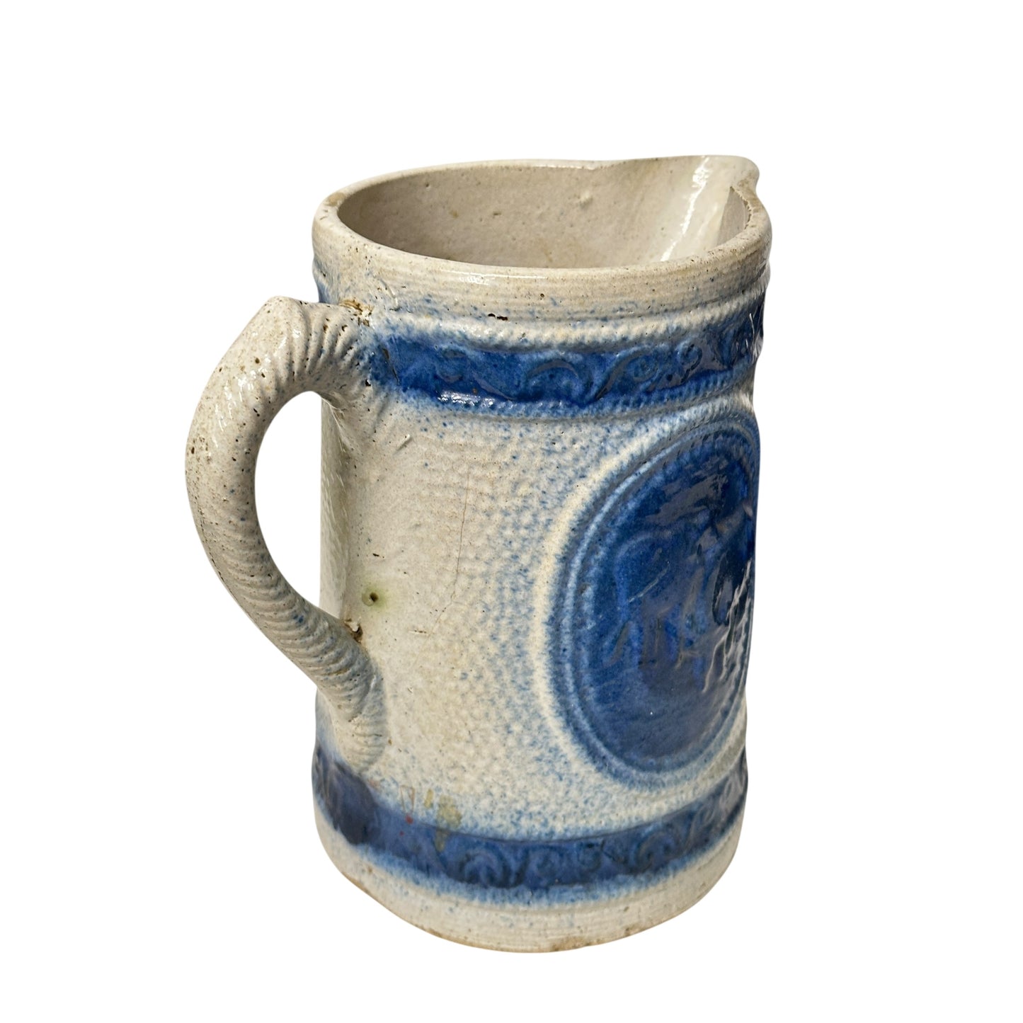 Antique 19th C. German Westerwald Stoneware Pitcher, Cobalt Blue Salt Glaze with Stag Medallion, Rustic Farmhouse Ewer