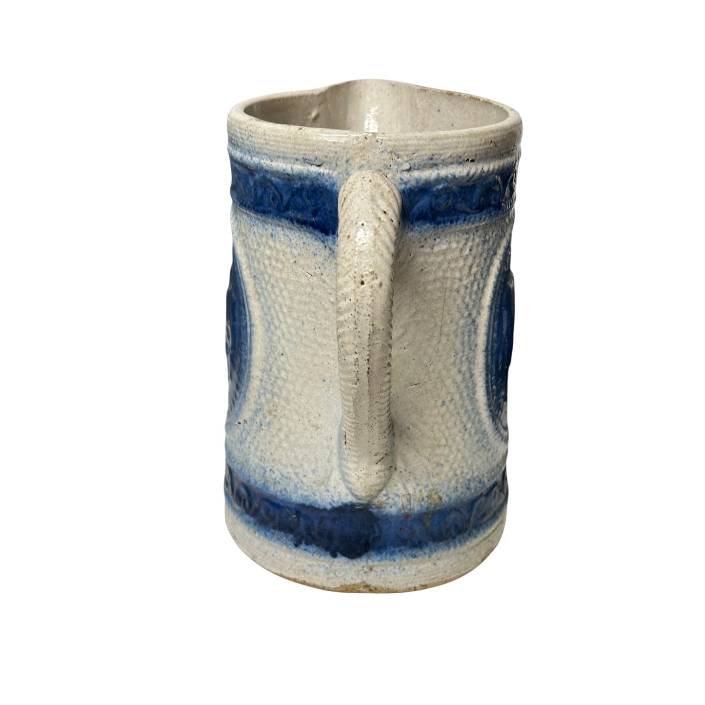 Antique 19th C. German Westerwald Stoneware Pitcher, Cobalt Blue Salt Glaze with Stag Medallion, Rustic Farmhouse Ewer