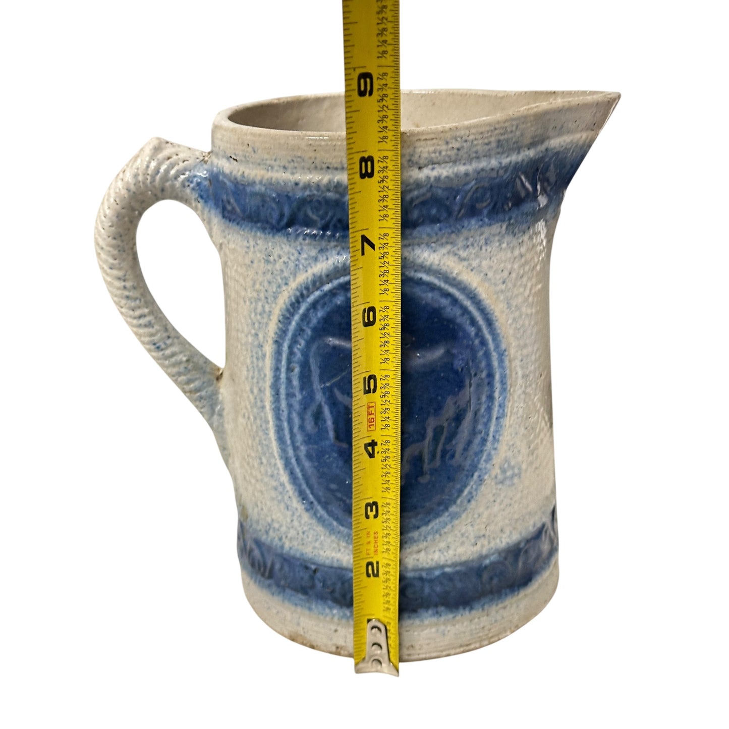 Antique 19th C. German Westerwald Stoneware Pitcher, Cobalt Blue Salt Glaze with Stag Medallion, Rustic Farmhouse Ewer