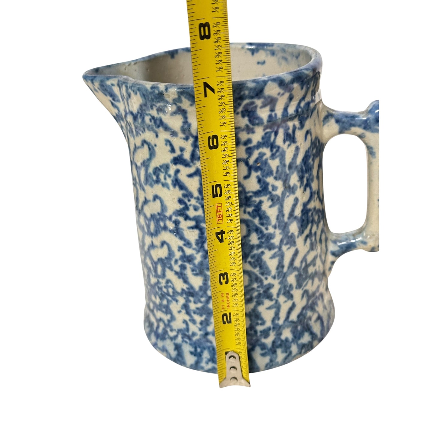 Antique Blue Spongeware Pitcher 19th Century American Stoneware Spatterware Farmhouse Crock
