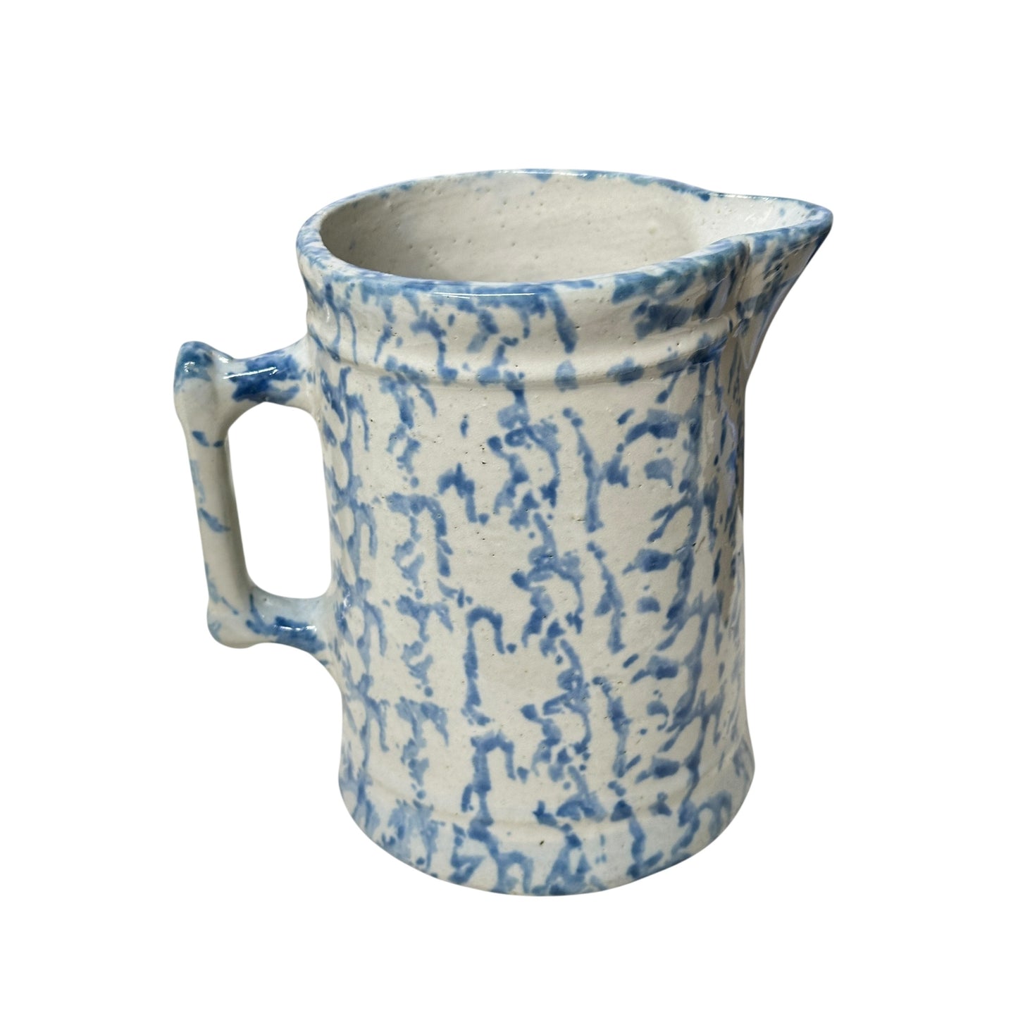 Antique 19th C. Blue & White Spongeware Pitcher, American Stoneware, Rustic Farmhouse Primitive Crockery