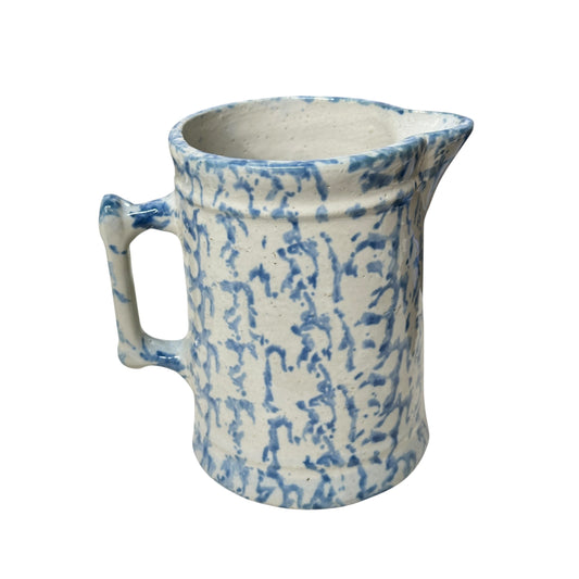 Antique 19th C. Blue & White Spongeware Pitcher, American Stoneware, Rustic Farmhouse Primitive Crockery