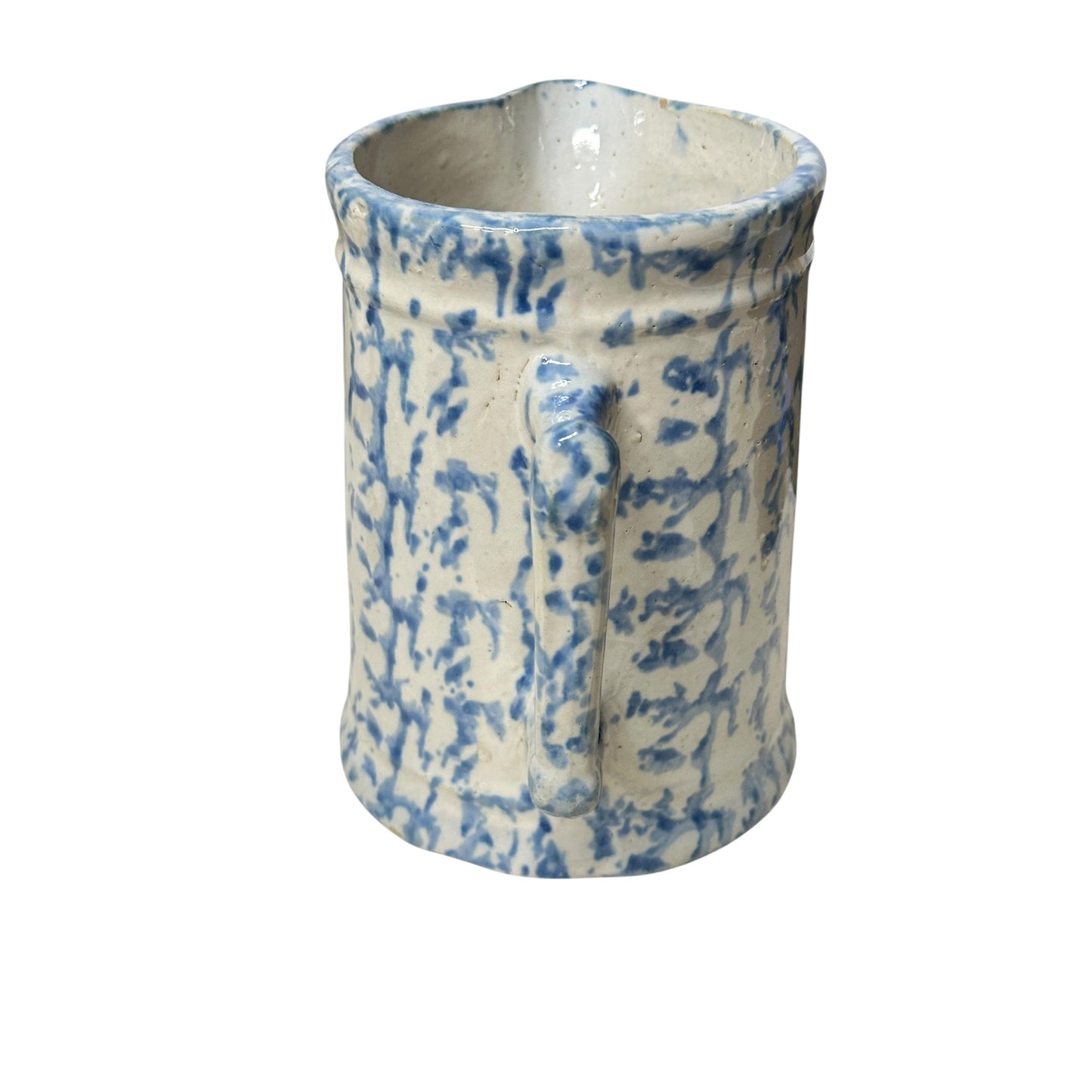 Antique 19th C. Blue & White Spongeware Pitcher, American Stoneware, Rustic Farmhouse Primitive Crockery