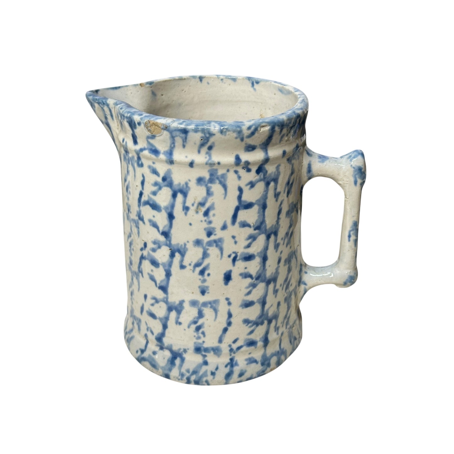Antique 19th C. Blue & White Spongeware Pitcher, American Stoneware, Rustic Farmhouse Primitive Crockery