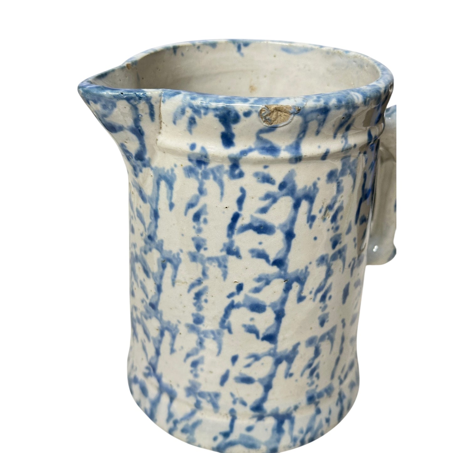Antique 19th C. Blue & White Spongeware Pitcher, American Stoneware, Rustic Farmhouse Primitive Crockery