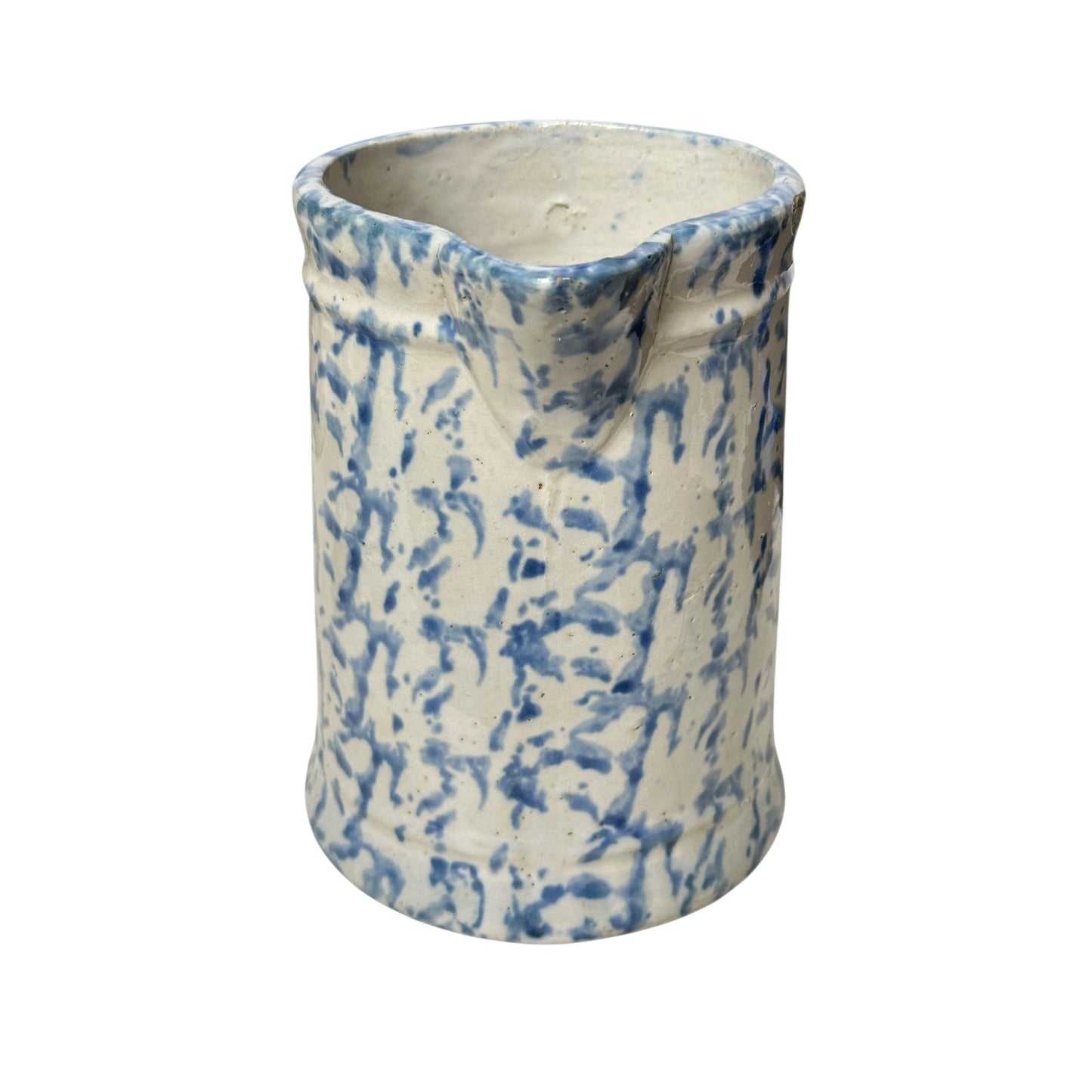 Antique 19th C. Blue & White Spongeware Pitcher, American Stoneware, Rustic Farmhouse Primitive Crockery