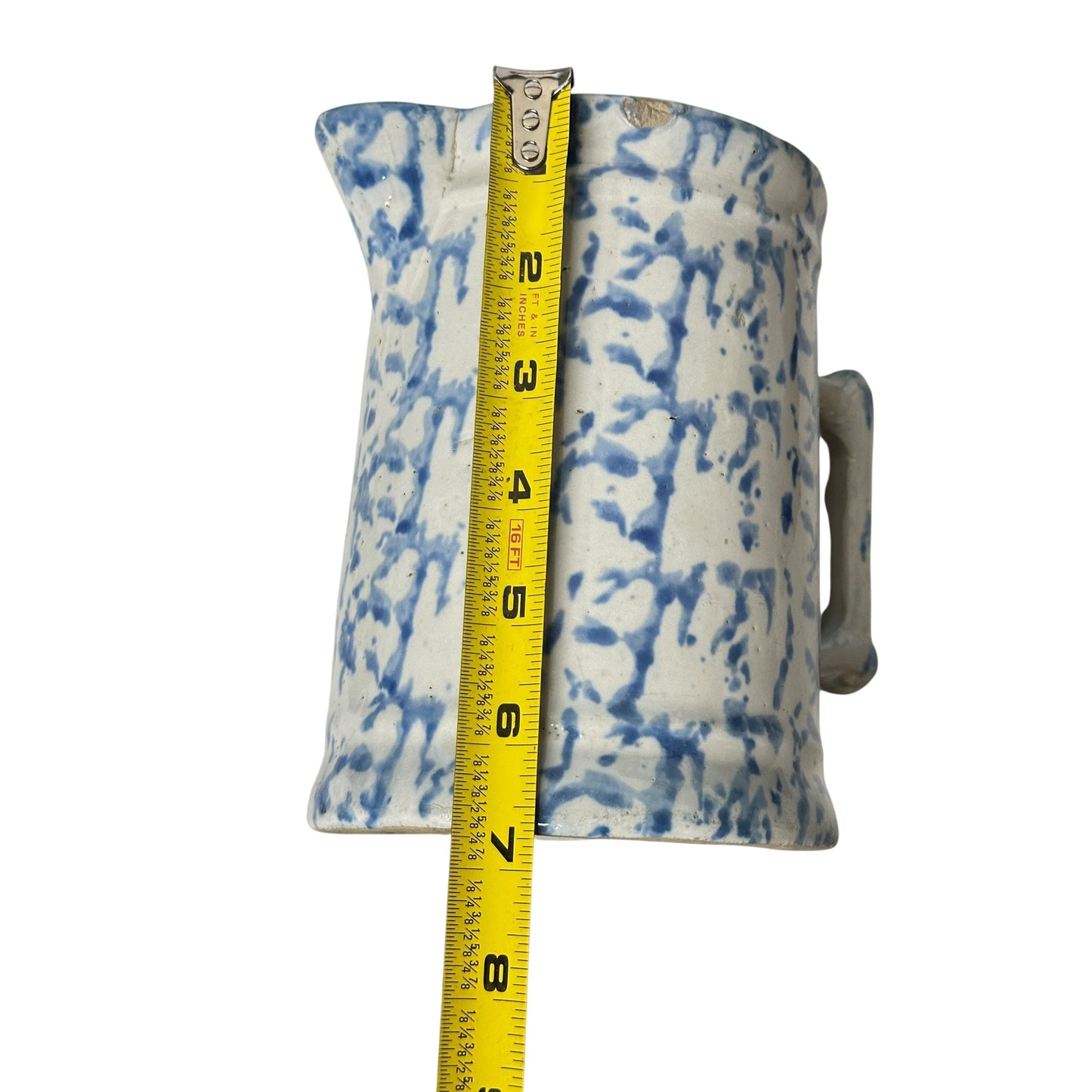 Antique 19th C. Blue & White Spongeware Pitcher, American Stoneware, Rustic Farmhouse Primitive Crockery