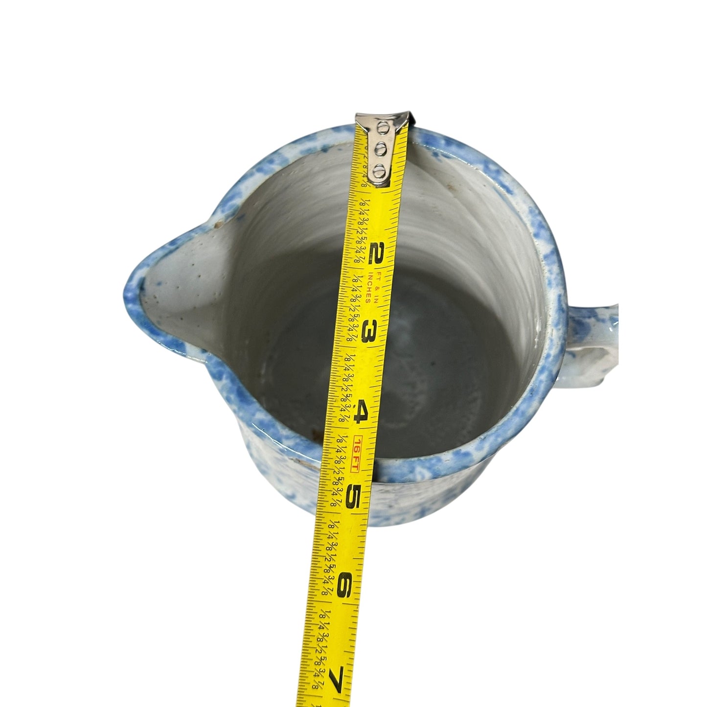 Antique 19th C. Blue & White Spongeware Pitcher, American Stoneware, Rustic Farmhouse Primitive Crockery