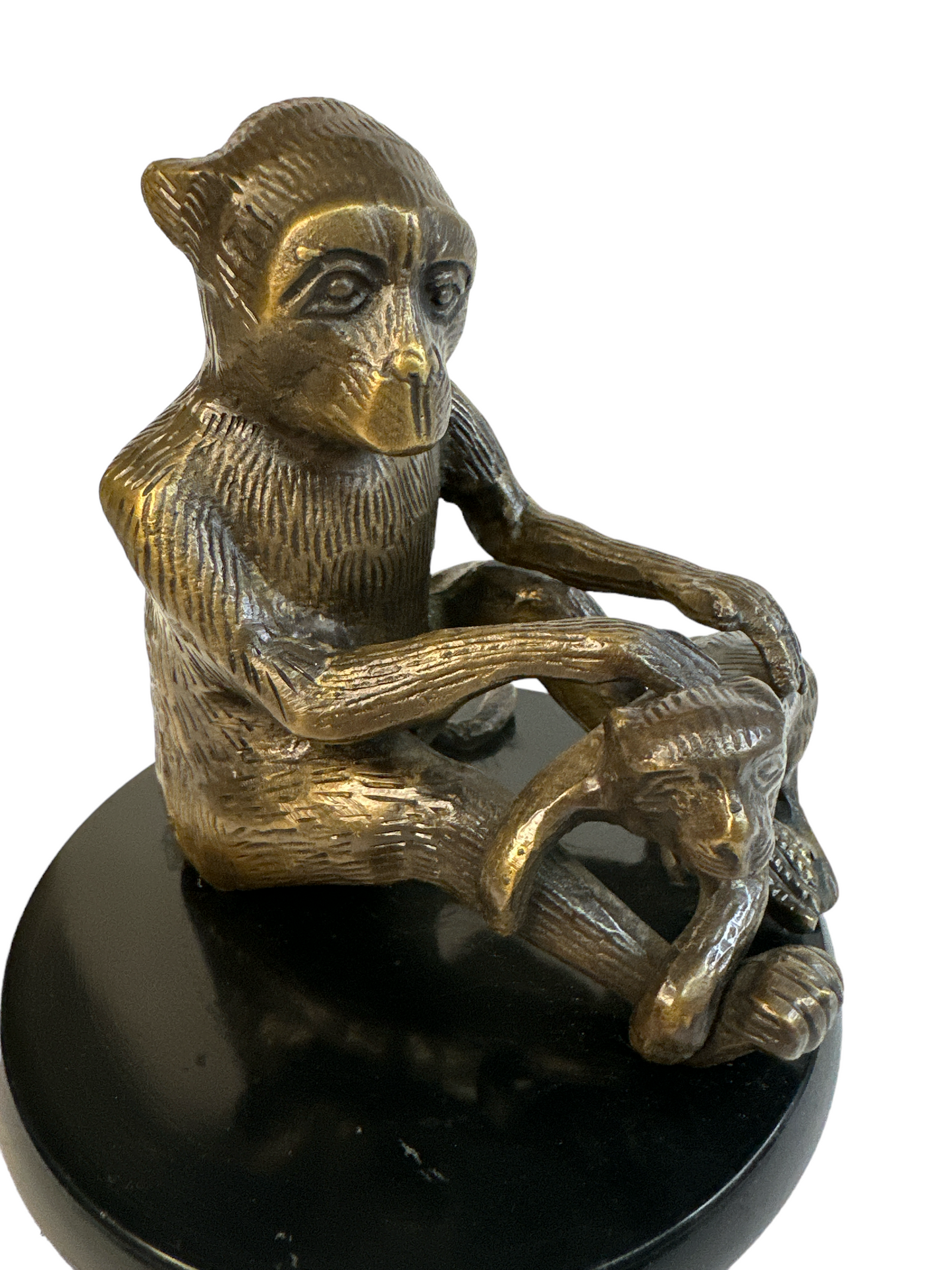 Vintage Heavy Solid Brass Monkey Sculpture Figurine Mid-Century Primate Grooming Statue Hollywood Regency Mantle Decor