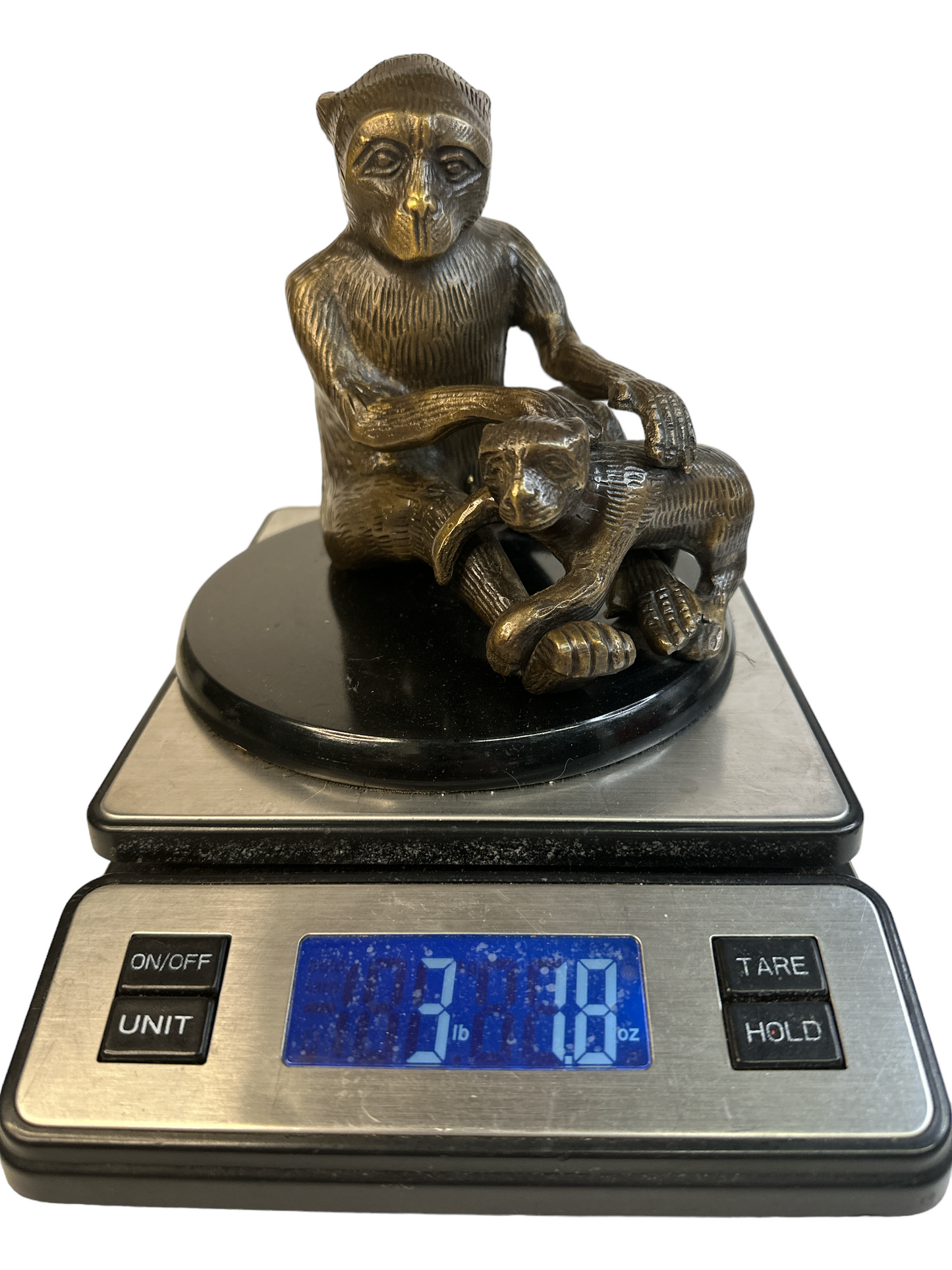 Vintage Heavy Solid Brass Monkey Sculpture Figurine Mid-Century Primate Grooming Statue Hollywood Regency Mantle Decor