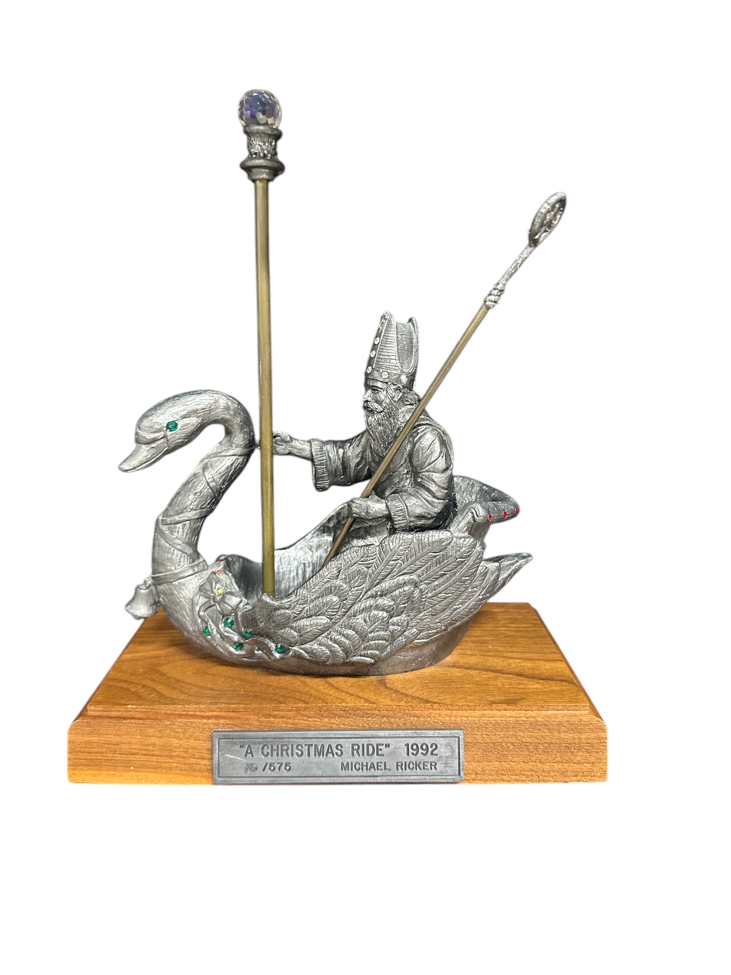 Vintage 1992 Michael Ricker Pewter Sculpture "A Christmas Ride" LE St. Nicholas Swan Boat Figurine